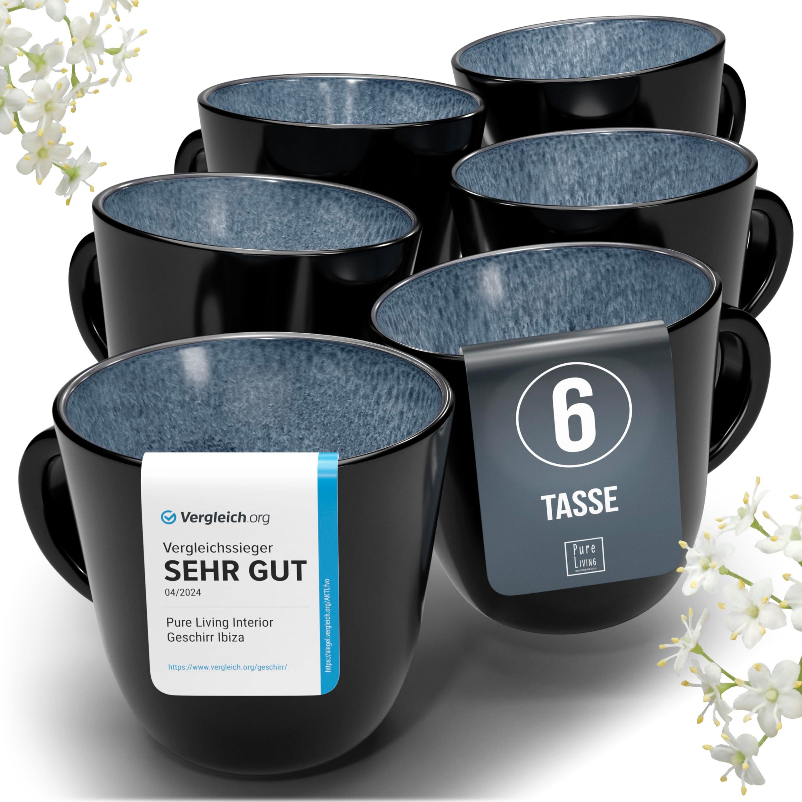 PURE LIVING INTERIOR DESIGN Geschirr-Set Steingut Kaffeetassen 6 Personen Ibiza TESTSIEGER, Traumhaftes Mediter (6-tlg), 6 Personen, Steingut, Mediterrane Handwerksoptik, Reaktive Glasur – jedes Stück einzigartig…