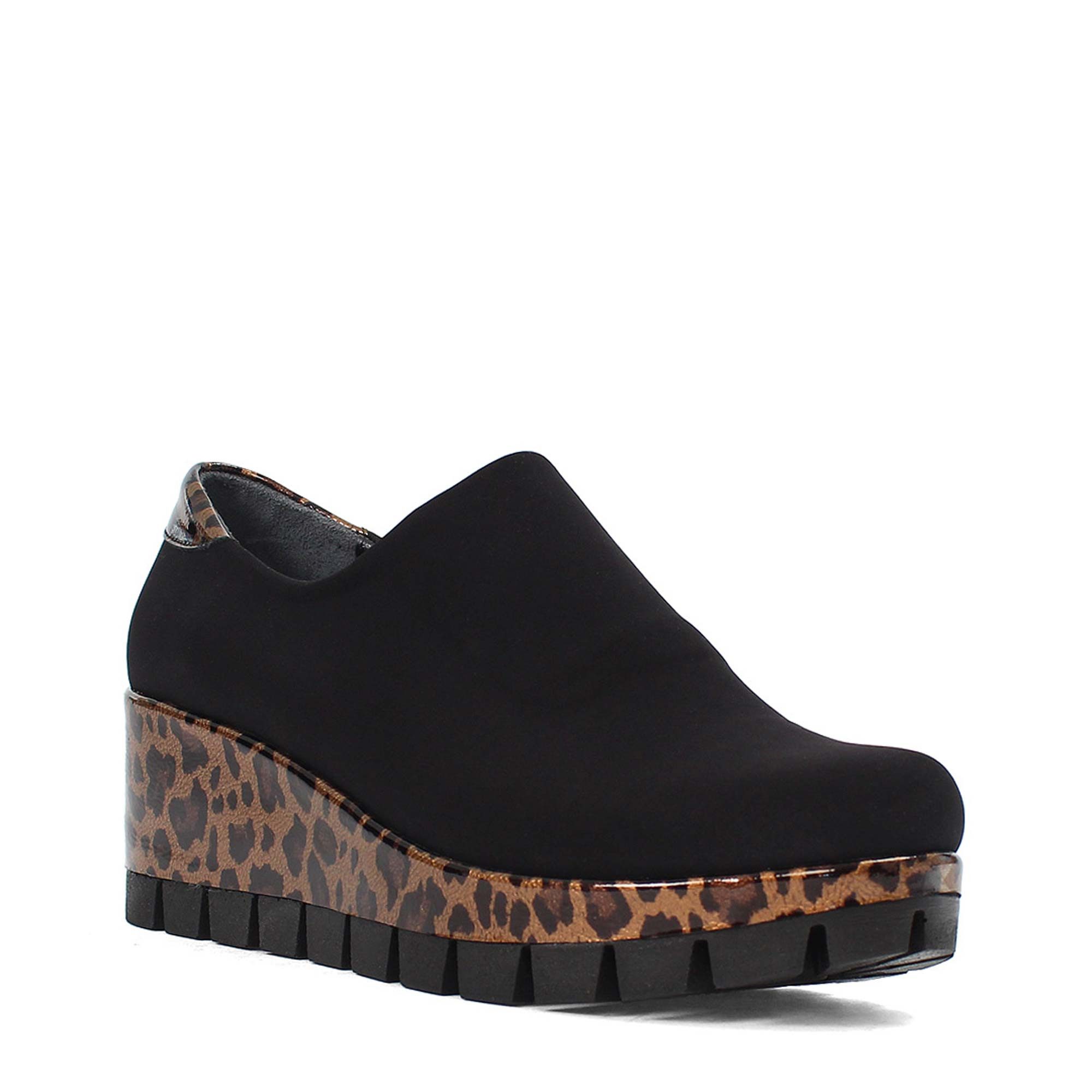 Celal Gültekin Keilabsatz Plateau Schuhe Damen Slip-on Stretch Schlupfform Keilsneaker Stretch, Leopardenmuster-Sohle, Schwarz/Braun/Leo, 38