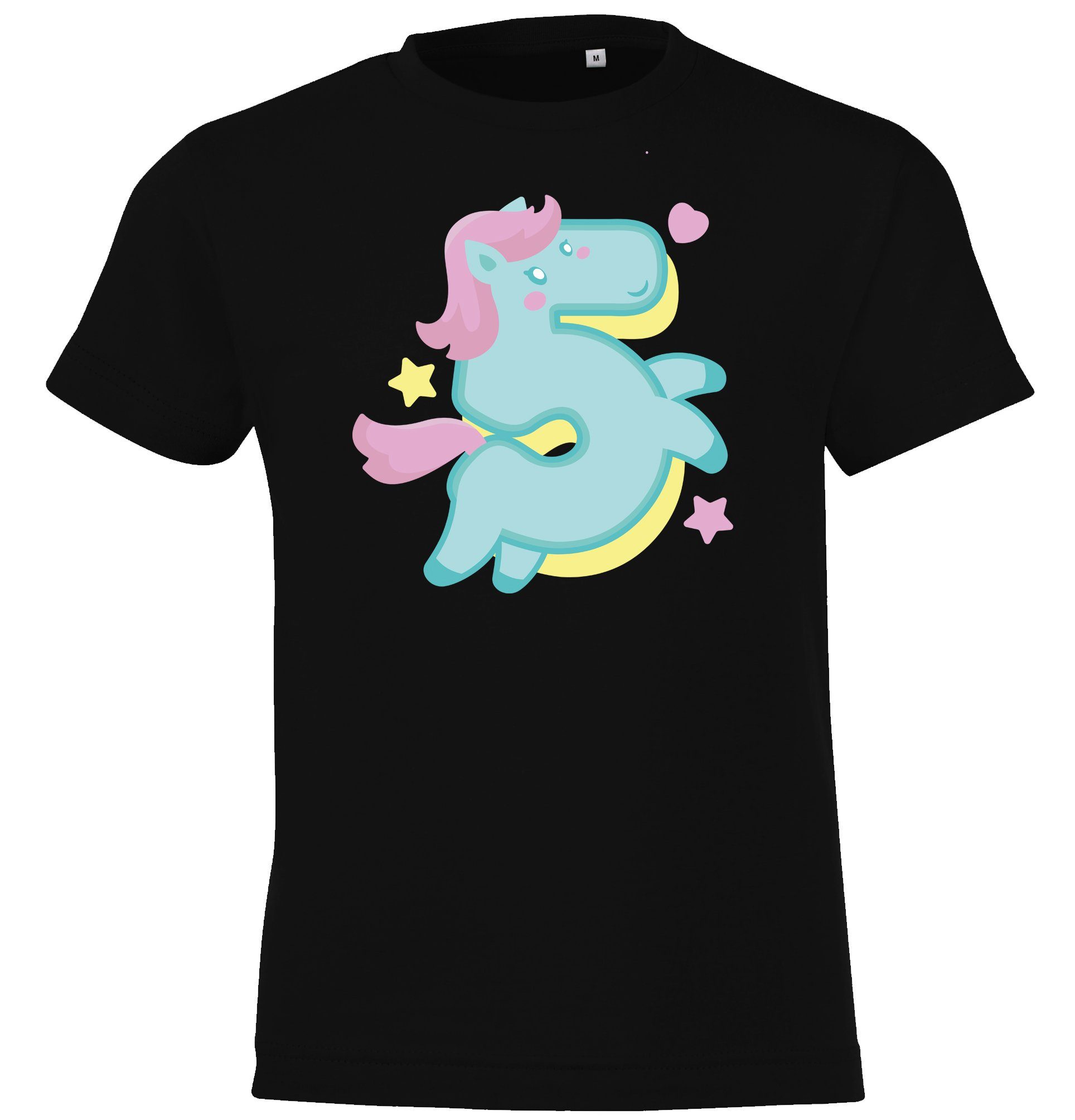 Schwarz Mädchen Frontprint für 5 T-Shirt Youth Jahre Designz mit Einhorn T-Shirt Alt süßem Geburtstags