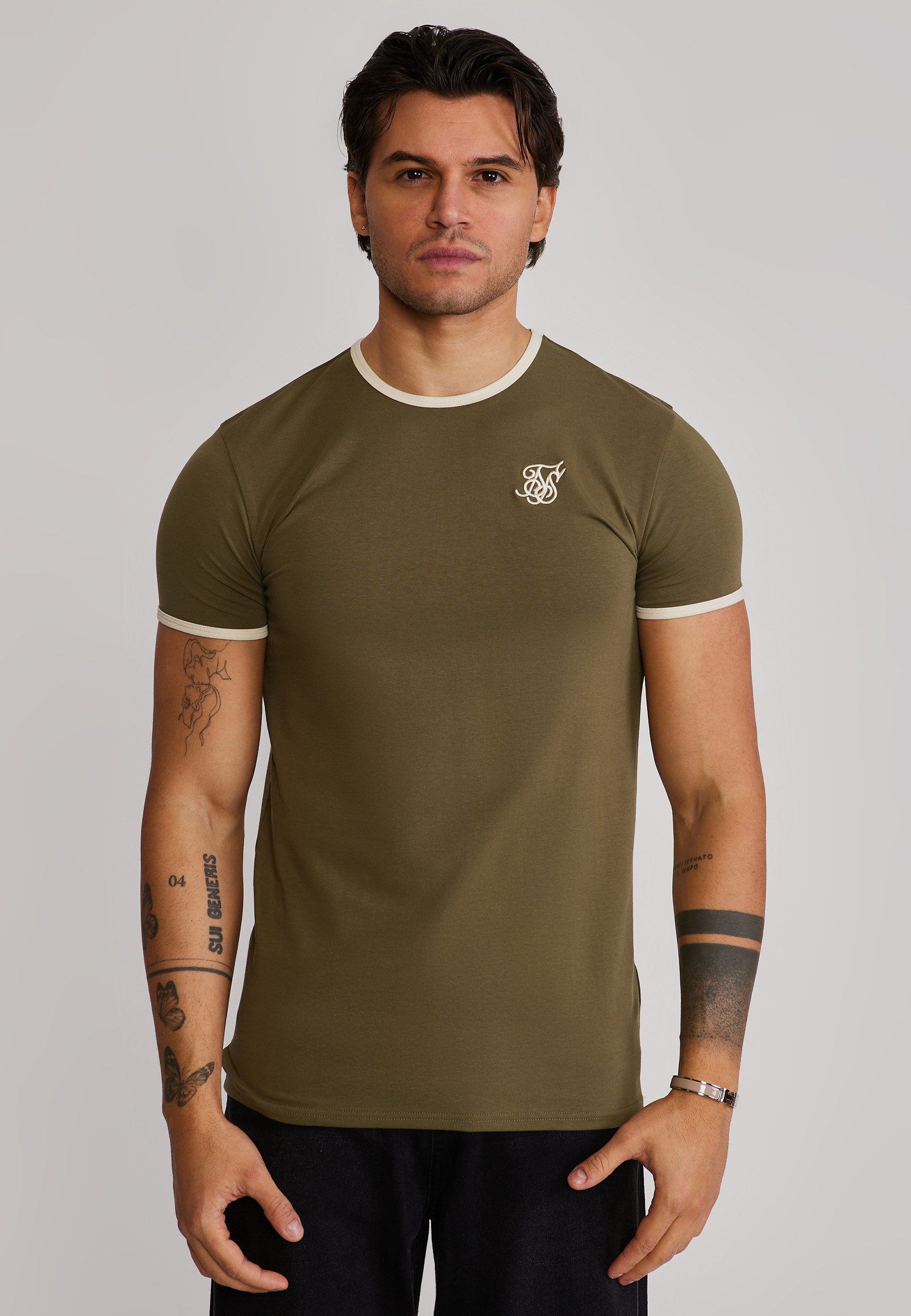 Siksilk T-Shirt SikSilk Herren Khaki Grün and Ecru Ringer T-Shirt