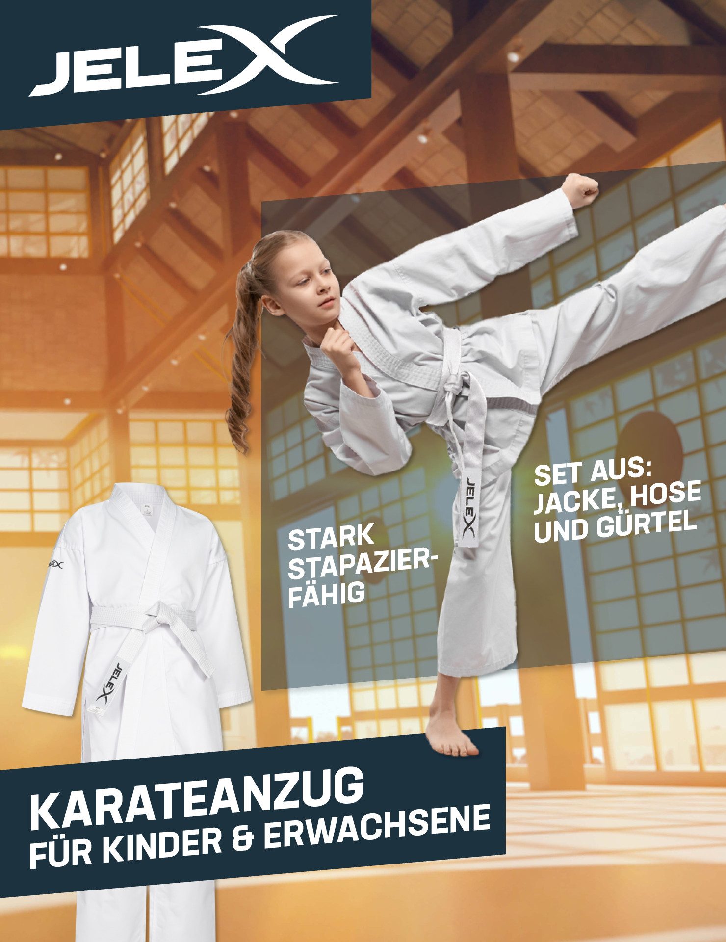 JELEX Karateanzug "Kihaku" Karateanzug mit Gürtel (3-tlg., Set bestehend aus Jacke, Hose und Gürtel), für Erwachsene und Kinder – Bild 2 von 5