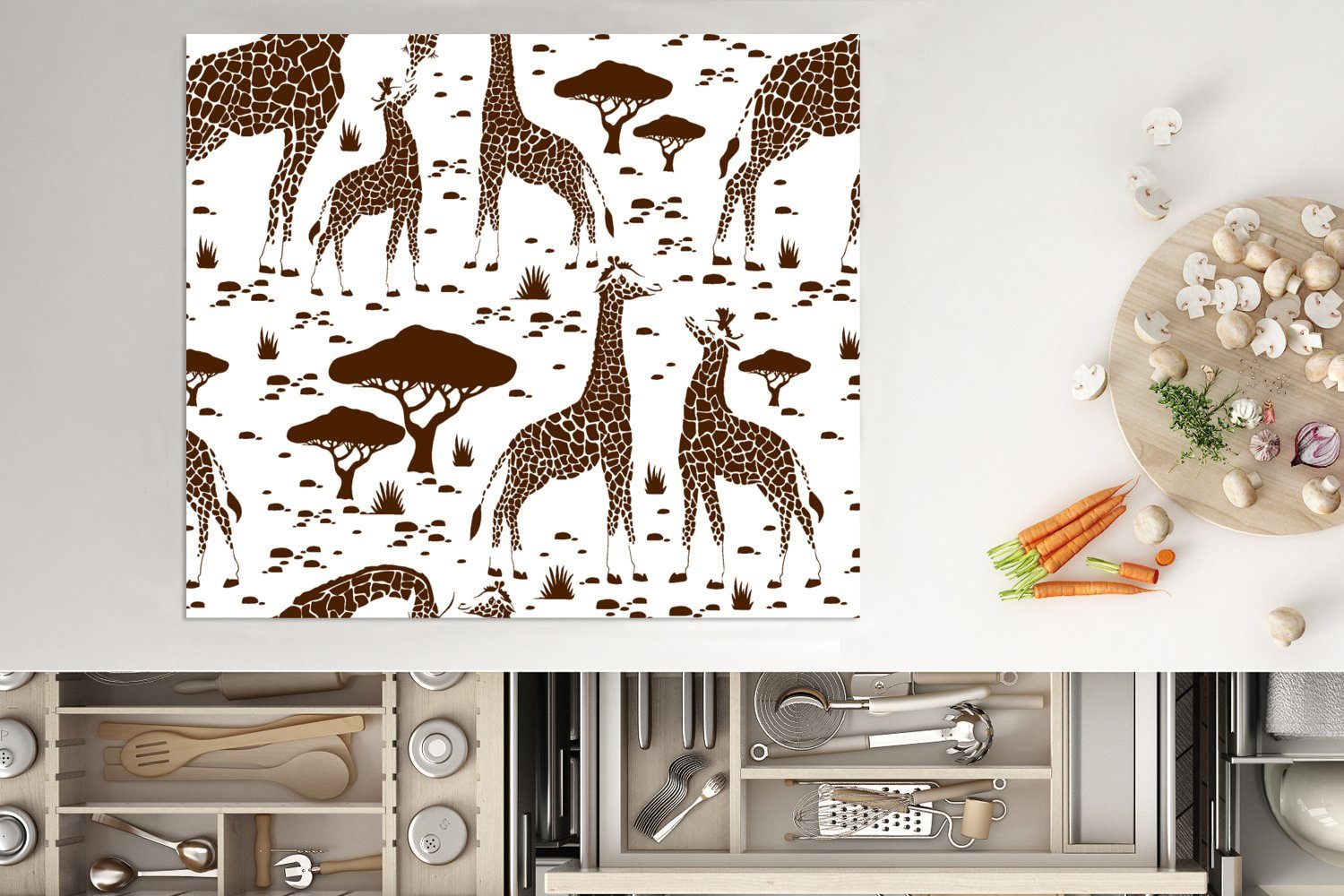 MuchoWow Herdblende-/Abdeckplatte Giraffe - Muster Arbeitsfläche cm, Vinyl, - tlg), Mobile nutzbar, Baum, 60x52 Ceranfeldabdeckung (1