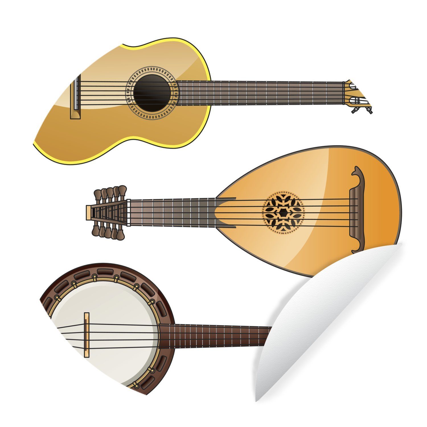 MuchoWow Wandsticker Illustrationen eines Banjos und anderer Instrumente (1 St), Tapetenkreis für Kinderzimmer, Tapetenaufkleber, Rund, Wohnzimmer