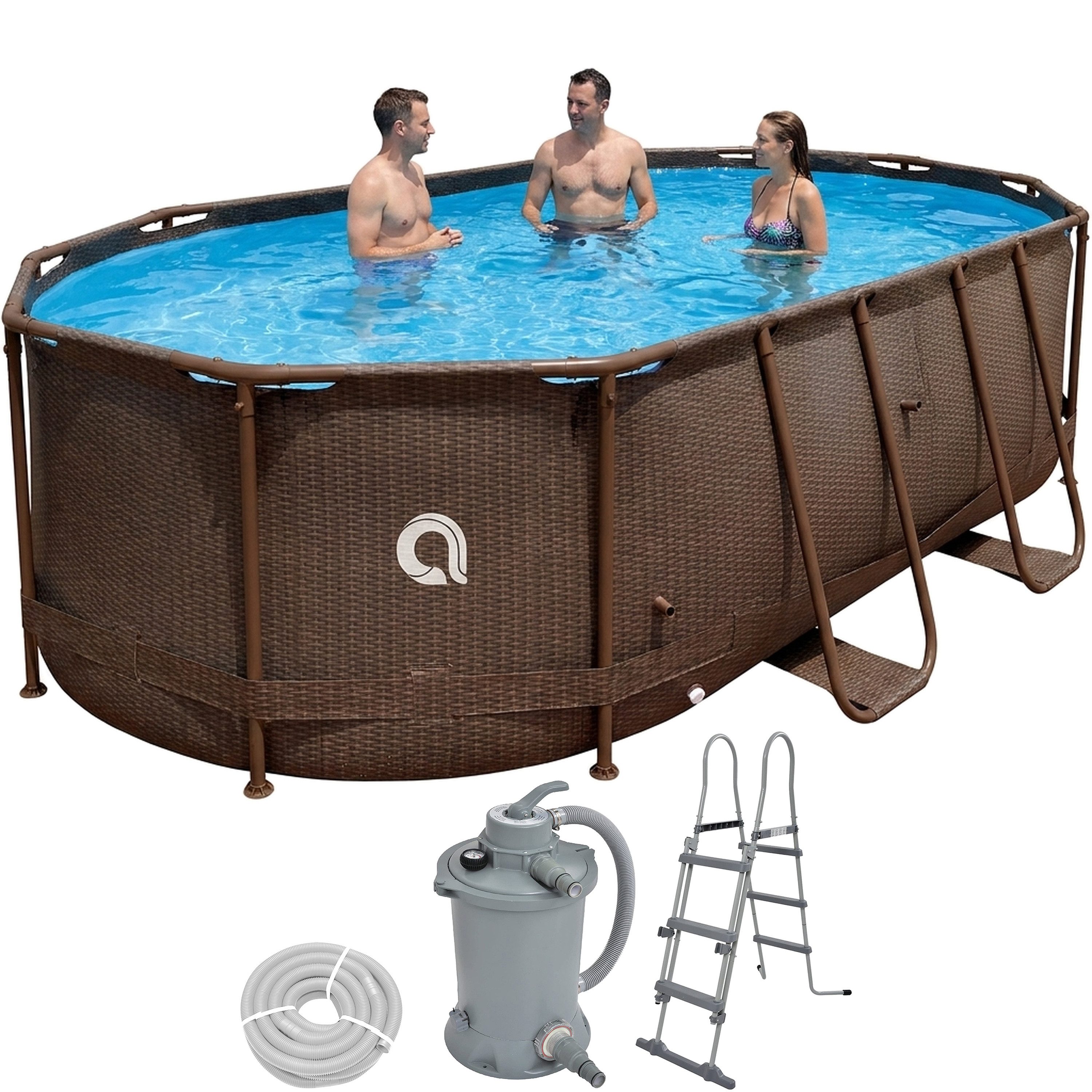 Avenli Framepool Frame Oval Pool Set 427x275x100cm mit Sandfilter & Leiter Rattan Optik (Stahlrahmenpool Komplettset, Aufstellpool inklusive Zubehör), Inklusive Sandfilteranlage, Schläuchen und Sicherheitsleiter