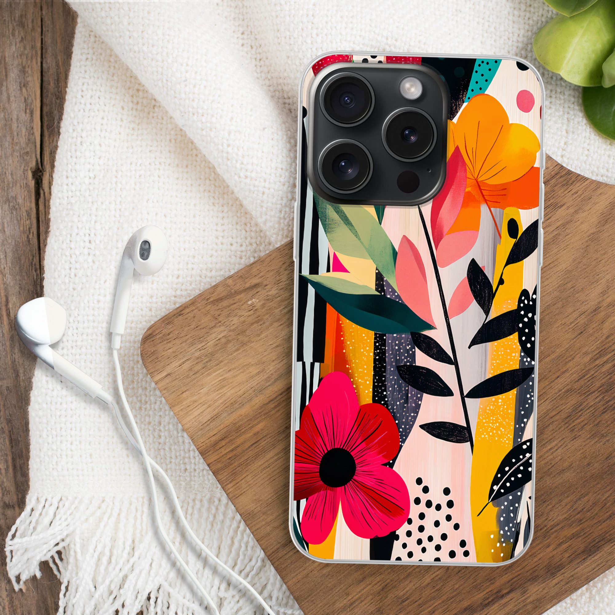 MuchoWow Handyhülle für Apple iPhone 15 Pro Blumen - Blätter - Abstrakt - Farbenfroh, Smartphone-Bumper, Print, Handy Schutzhülle Dünn