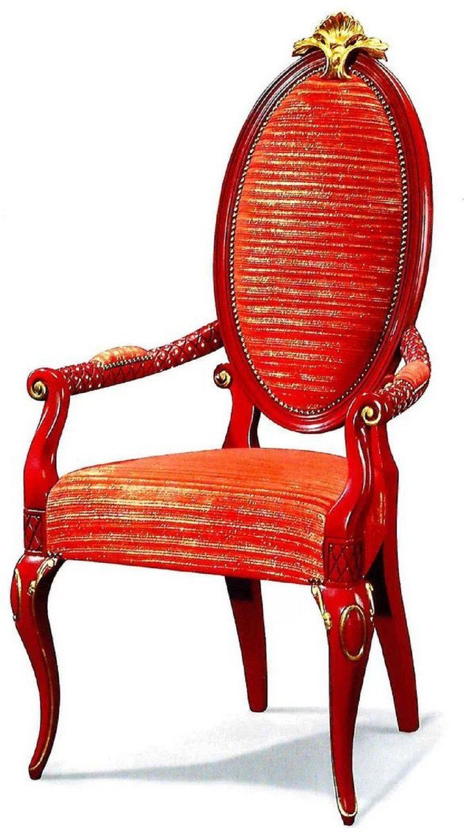 Casa Padrino Esszimmerstuhl Luxus Barock Esszimmerstuhl mit Armlehnen Rot / Gold - Prunkvoller Massivholz Stuhl im Barockstil - Barock Esszimmer Möbel - Barock Schloß Möbel - Luxus Qualität - Made in Italy