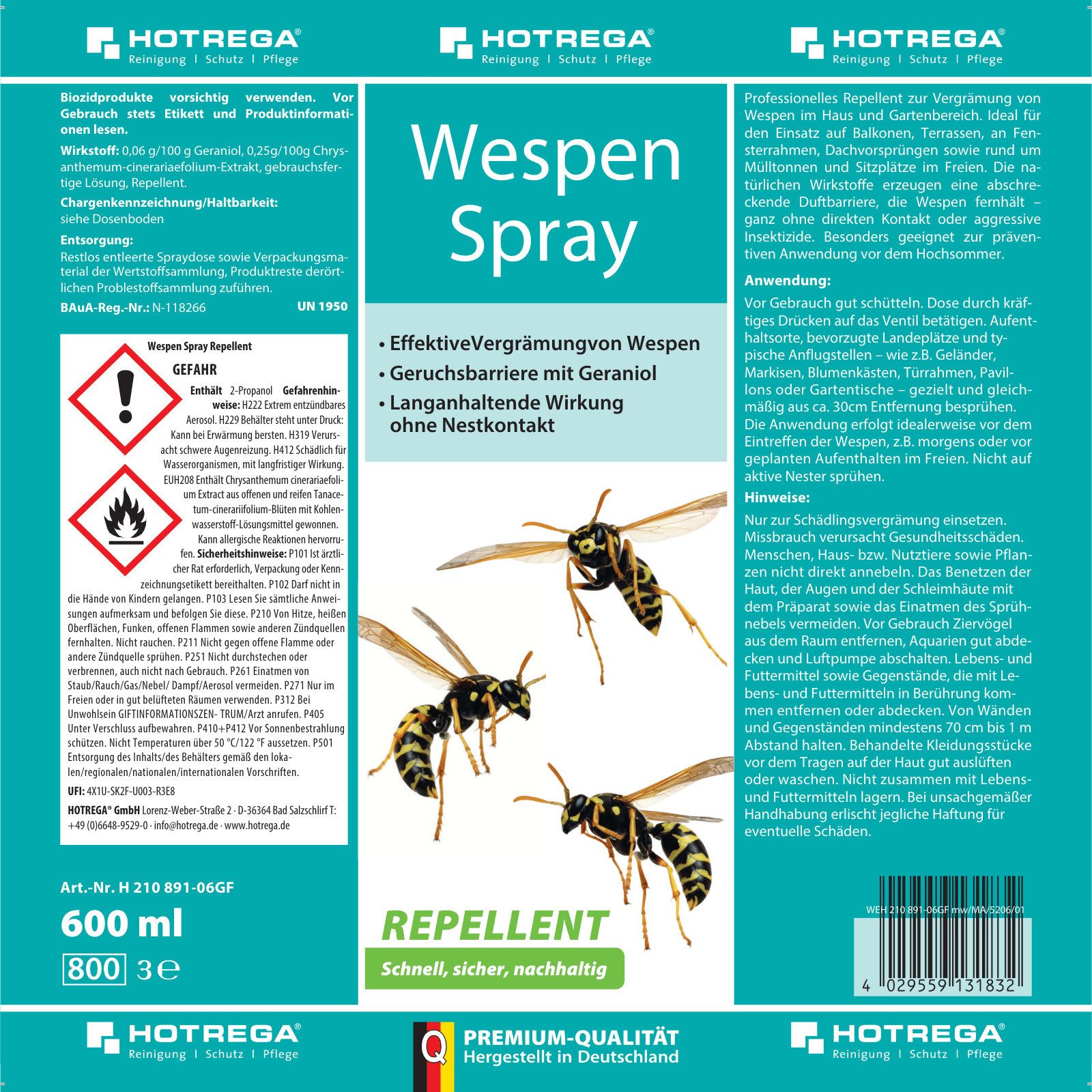 HOTREGA® Wespenspray 600 ml, Wespenabwehr für Haus, Garten, Dach, Balkon uvm., 0.6 l