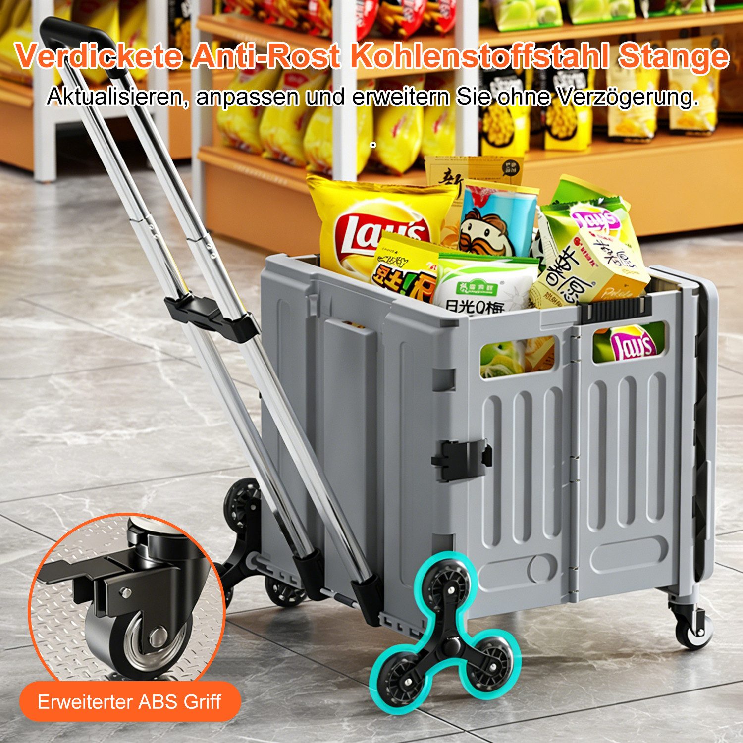 FOXSPORT Einkaufstrolley klappbar, Einkaufswagen mit Treppensteigfunktion, 39 l, Handwagen mit Deckel, Tragkraft 45 kg, 8-Rad leichte Transportwagen