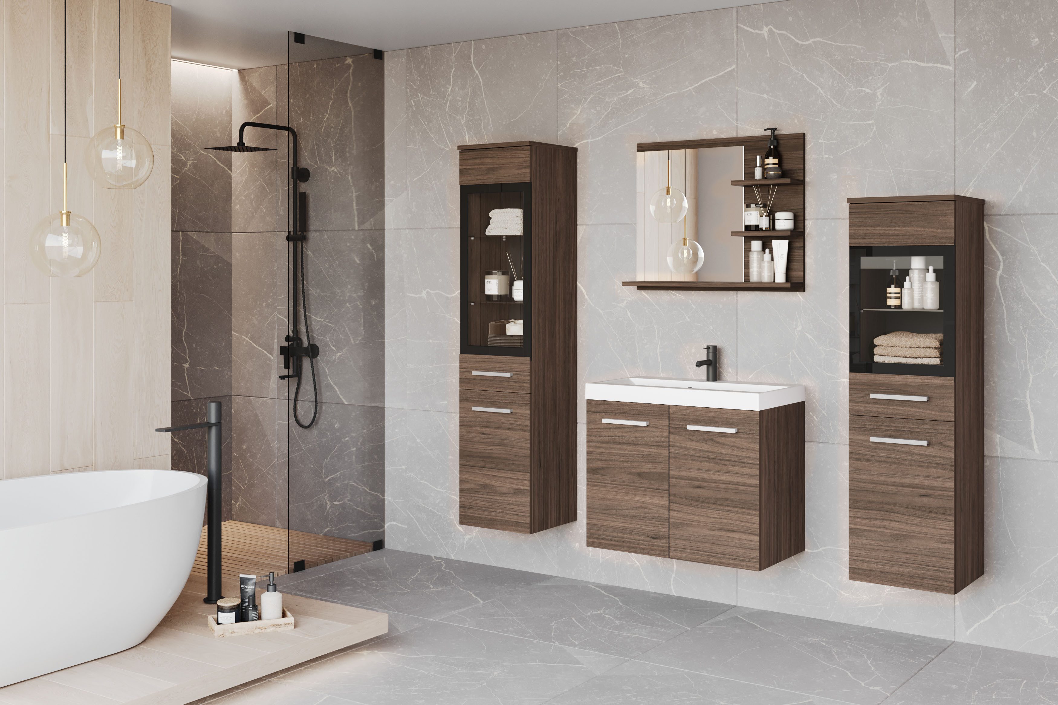 welltime Badmöbel-Set MADRIT, (Komplett-Set, 5-St., mit Waschbecken), Waschtisch inkl. Waschbecken, Badschrank, Hochschrank, Spiegel