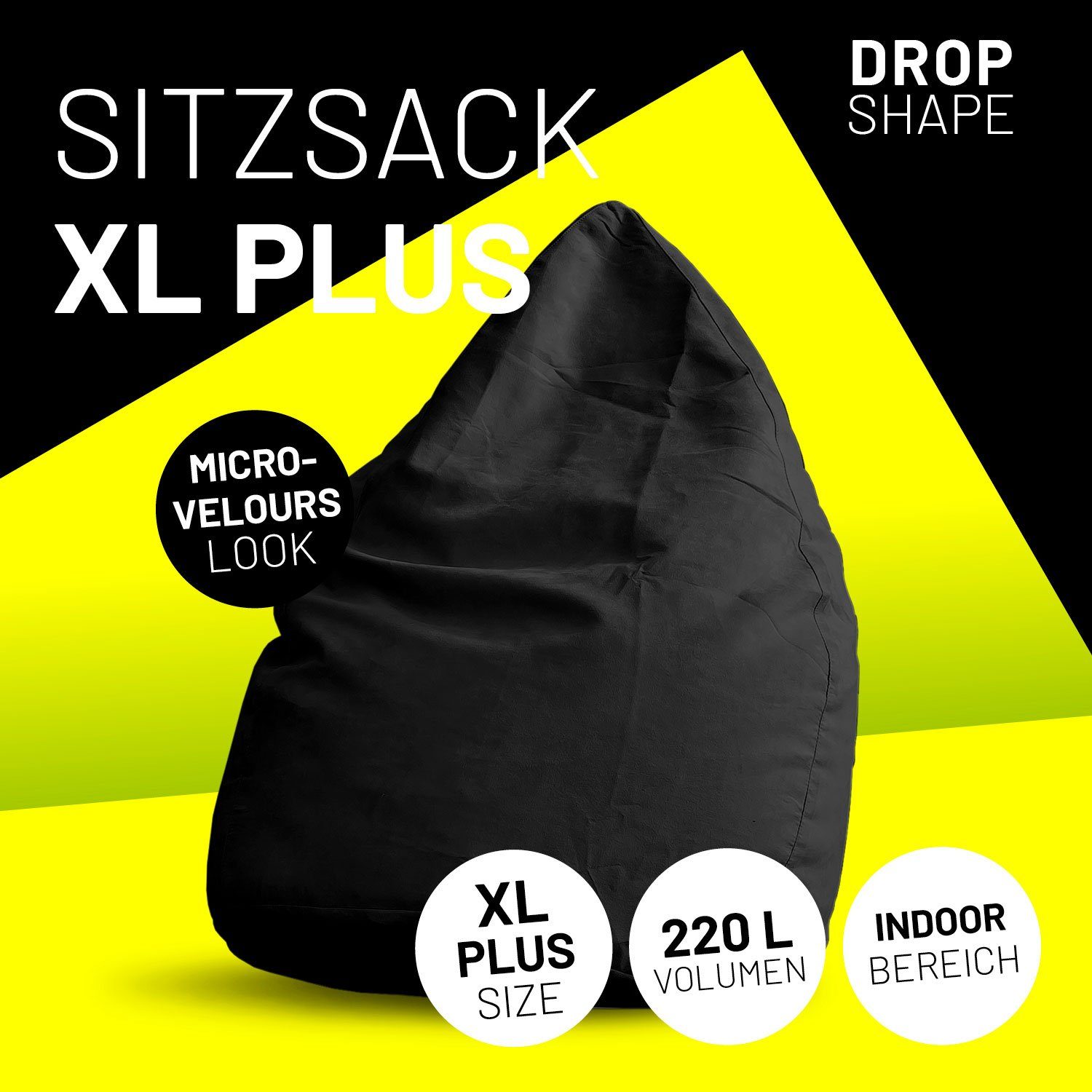 Lumaland Sitzsack Luxury schwarz robust Microvelours Sitzkissen weich Bag, PLUS Bean XL Bodenkissen waschbar 85x65cm 220L