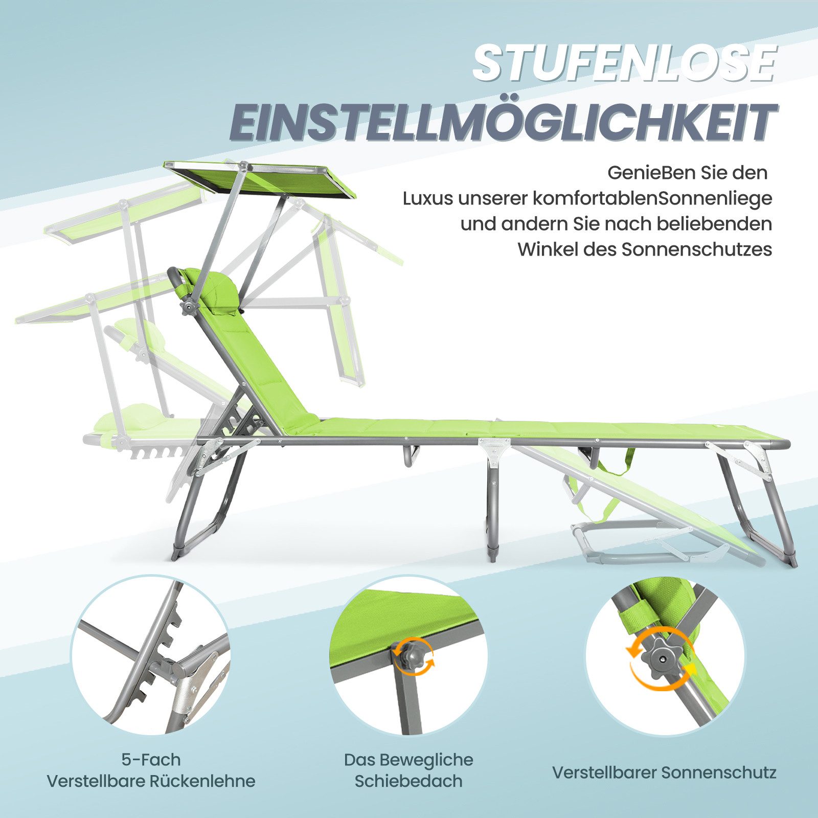 HOMECALL Gartenliege Sonnenliege AluLiege Liegestuhl Strandliege Liegen, klappbar, Textilene Mit Dickem Schwamm, Verstellbare Rückenlehne, Sonnenblende, Kopfpolster, bis 180KG
