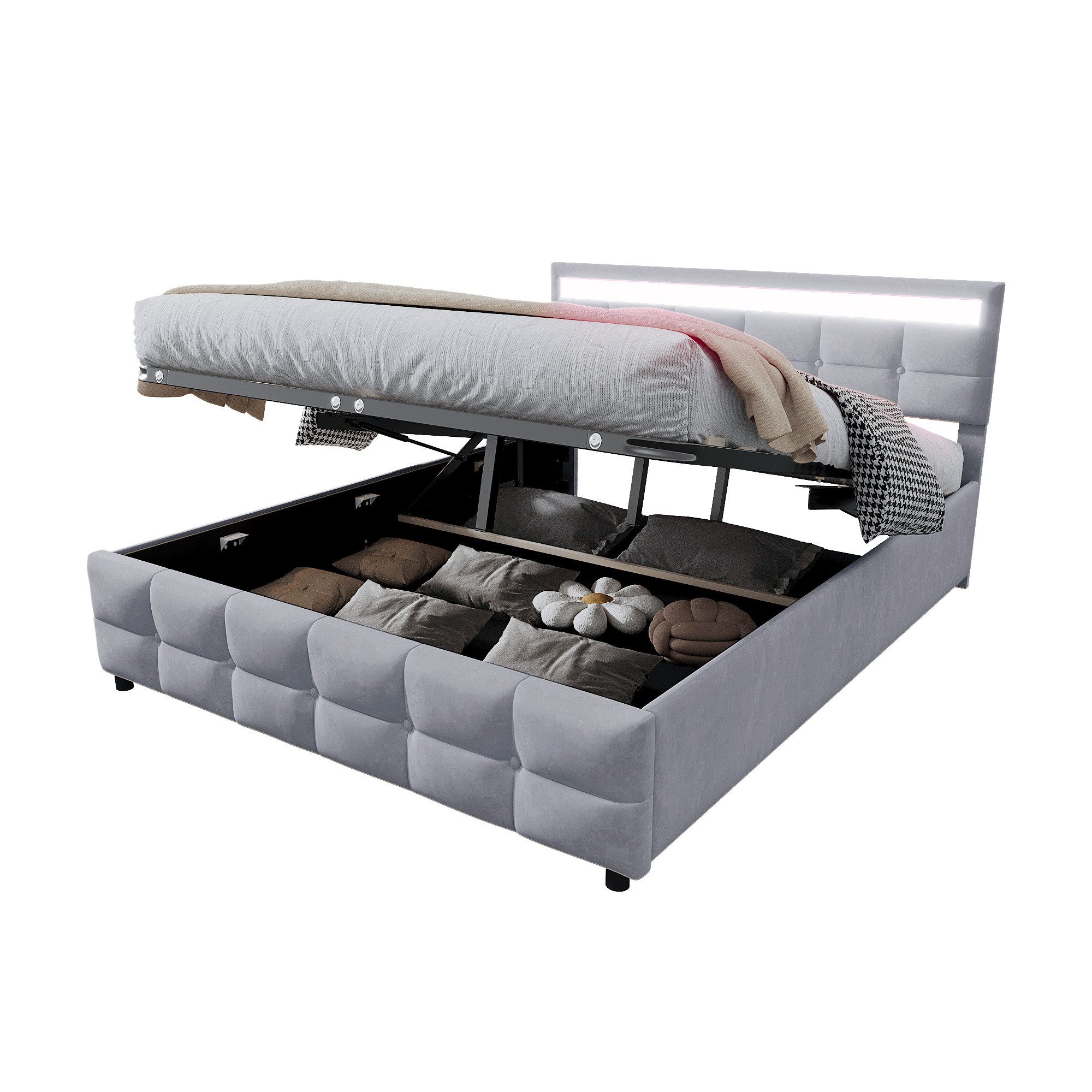 Flieks Polsterbett, Hydraulisches Stauraumbett Doppelbett 180x200cm mit LED-Beleuchtung