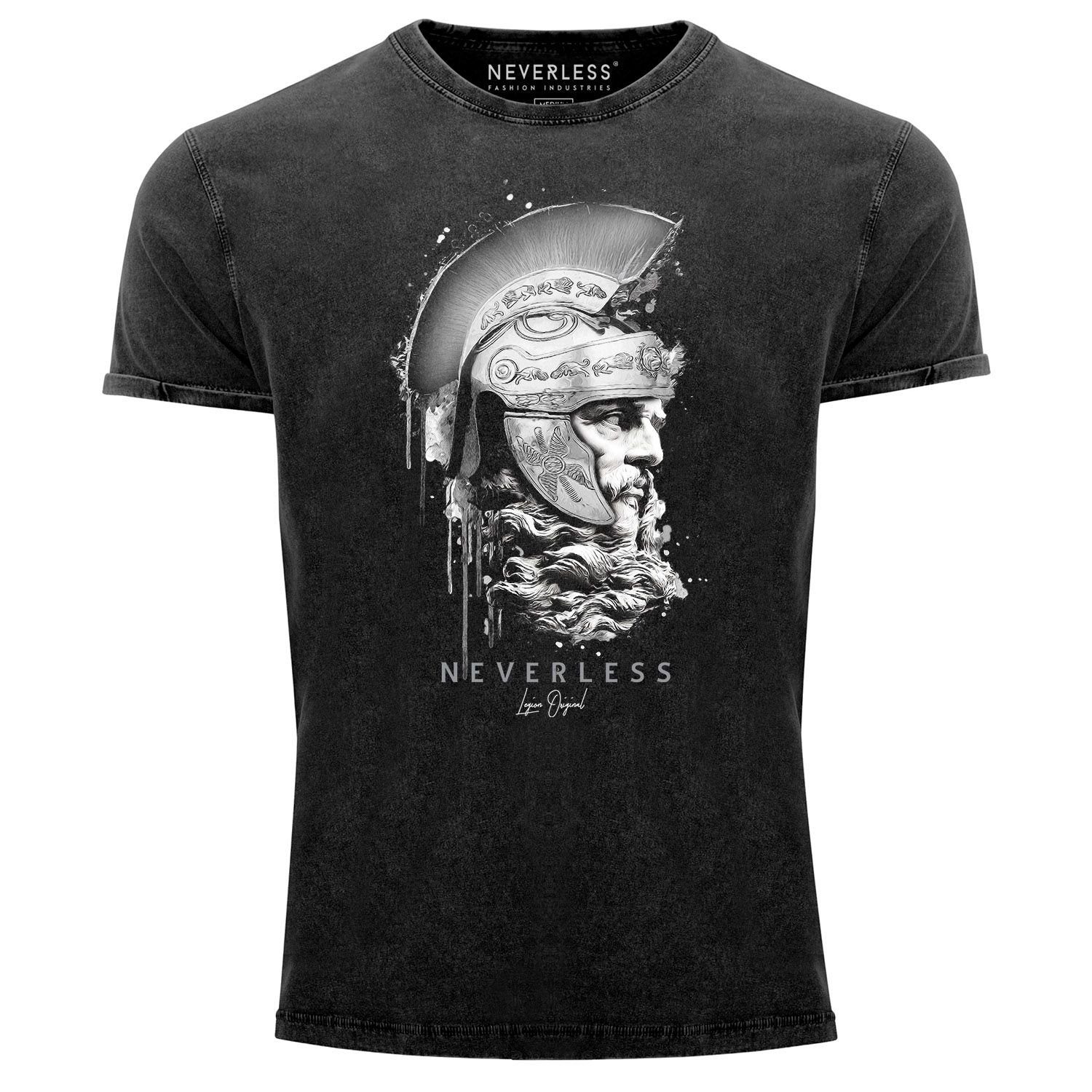 Neverless Print-Shirt Neverless® Herren Look Used Printshirt Fashion Spartaner Krieger Print Streetstyle mit Kopf Helm T-Shirt Fit Aufdruck Shirt Sparta Slim Vintage