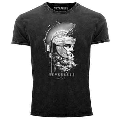 Neverless Print-Shirt Neverless® Herren T-Shirt Vintage Shirt Printshirt Sparta Spartaner Kopf Helm Krieger Fashion Streetstyle Aufdruck Used Look Slim Fit mit Print