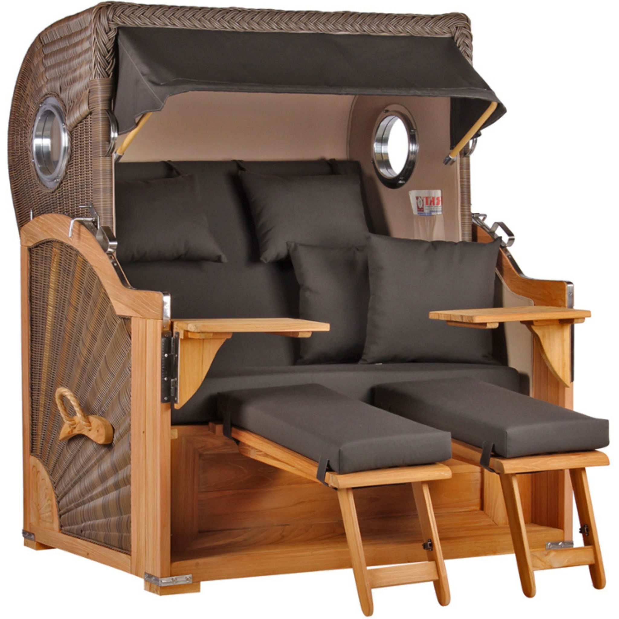 MR.DEKO Strandkorb XXL Baltikum 2,5-Sitzer Bullauge Teak PE Grey 142x170x95, BxTxH: 142x95x170 cm, Volllieger, Baltikum, (Wetterfester 2,5-Sitzer Strandkorb für Garten, Terrasse & Balkon), Volllieger mit Stauraum, Bullaugen & Edelstahl – komplett montiert