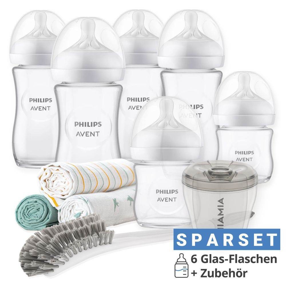 Philips AVENT Babyflasche Premium Glas-Flaschen-Set Natural, 6x Babyflasche, Flaschenbürste, Milchpulverportionierer & 3x Spucktuch