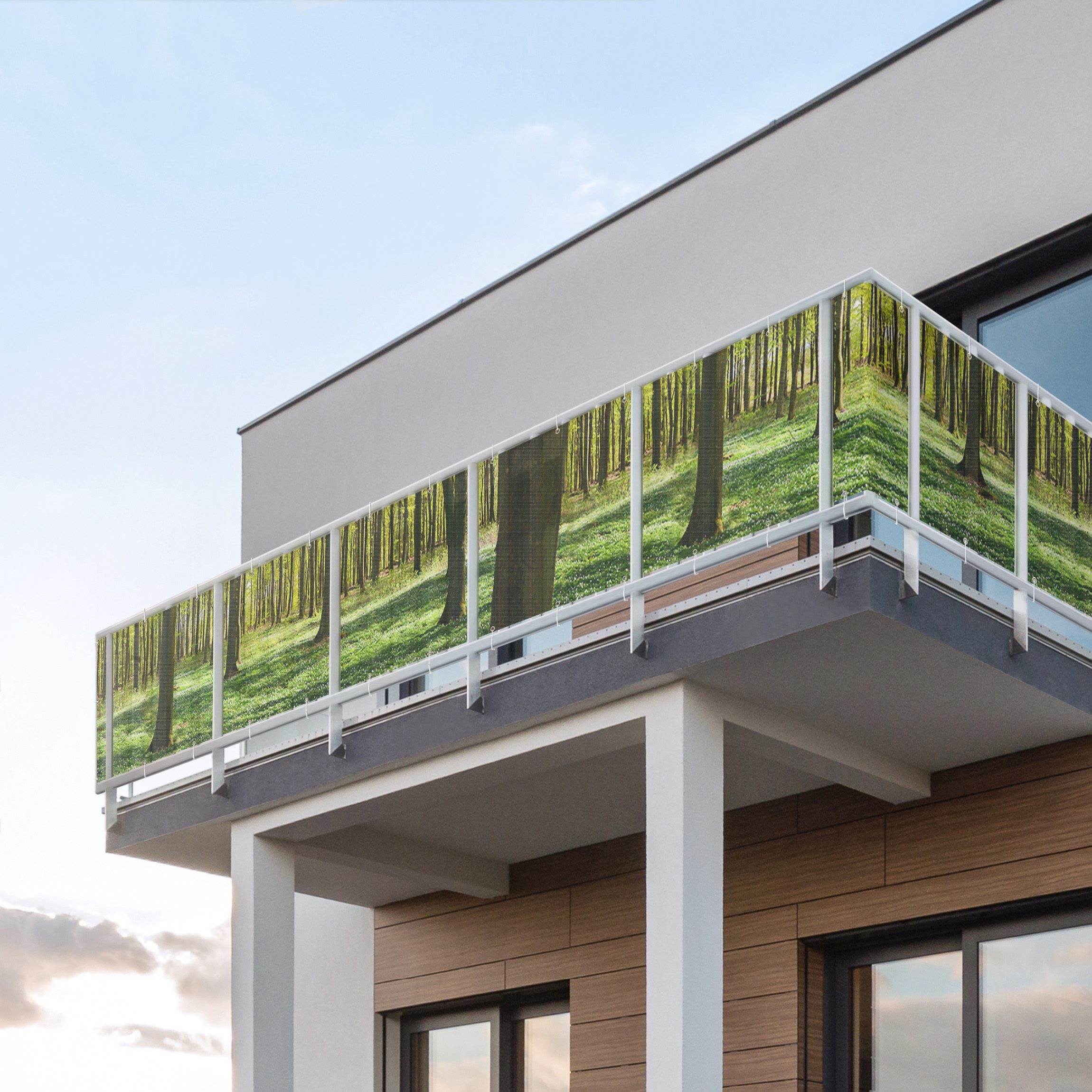 Bilderdepot24 Balkonsichtschutz Sichtschutz Balkon Wald Waldwiese Balkonbespannung (1m bis 10m fein gelochter Sichtschutz aus Mesh für Geländern & Zäunen, Fertig geöst, inkl. Kabelbindern zur Anbringung) Sichtschutz Terrasse Balkontuch Balkonverkleidung Windschutz Terrasse
