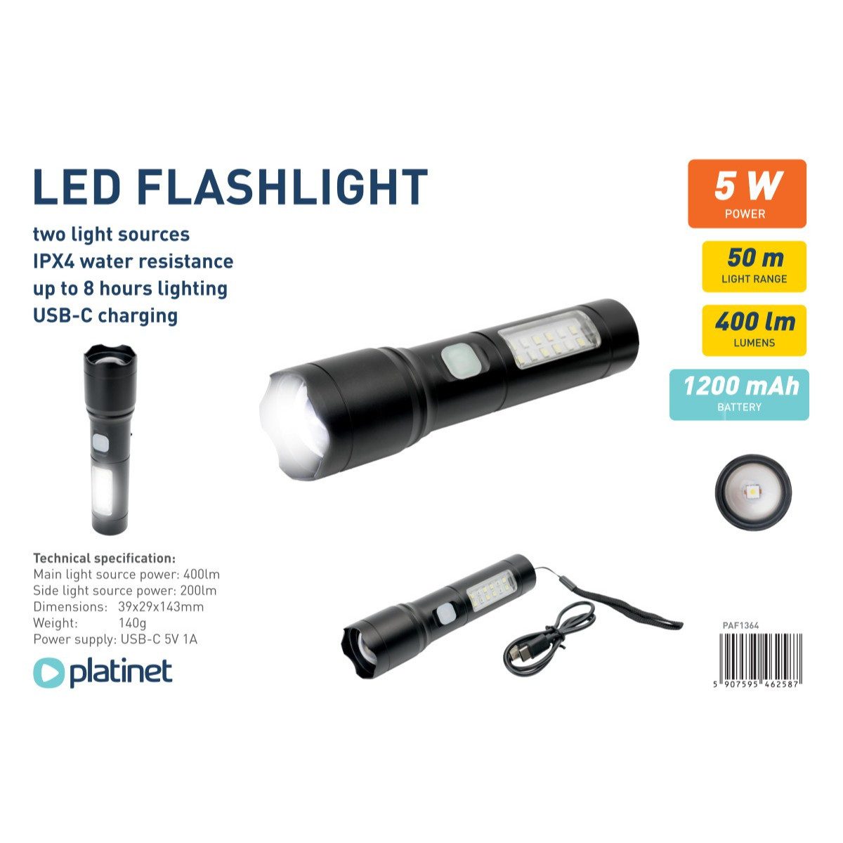 Platinet LED Taschenlampe PAF1364, Zwei Lichtquellen mit 400lm Leistung