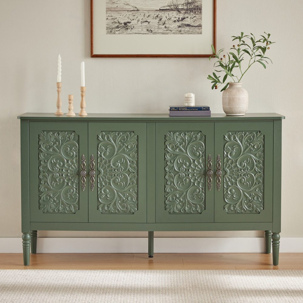 BBG Anrichte Sideboard mit Relief-Schnitzdekor, 160 cm breit, großzügigem Stauraum, Vintage-Aufbewahrungsschrank mit Türen, abgerundeten Kanten