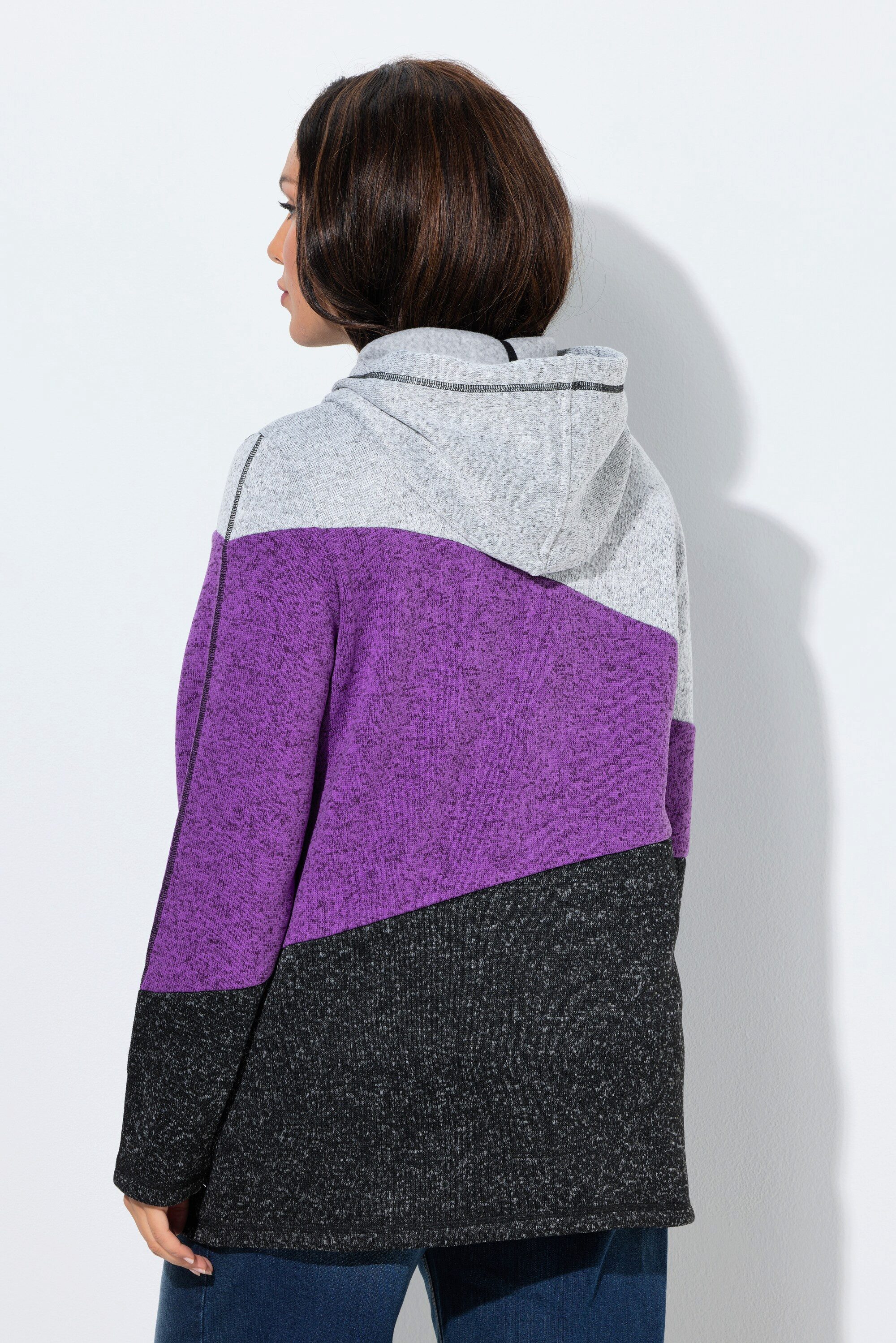Ulla Popken Sweatjacke Strickfleece-Jacke Colorblocking Kapuze Zipper
