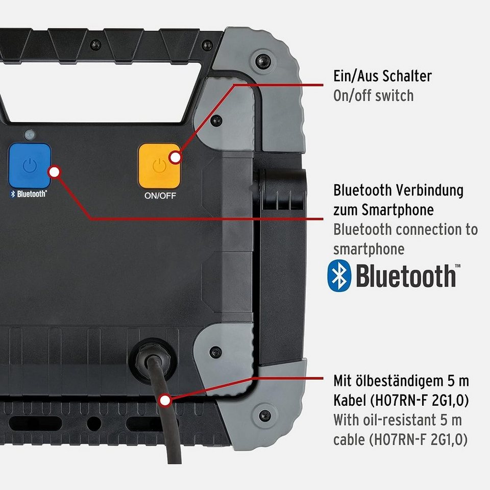 Brennenstuhl LED Baustrahler TORAN 3050 MB Bluetooth LED Arbeitsleuchte  Arbeitsstrahler Fluter 30W, Bluetooth, LED fest integriert, Tageslichtweiß,  Bluetooth, Lichtsteuerung per App, 5000K, 5m RN-Kabel, 3400lm