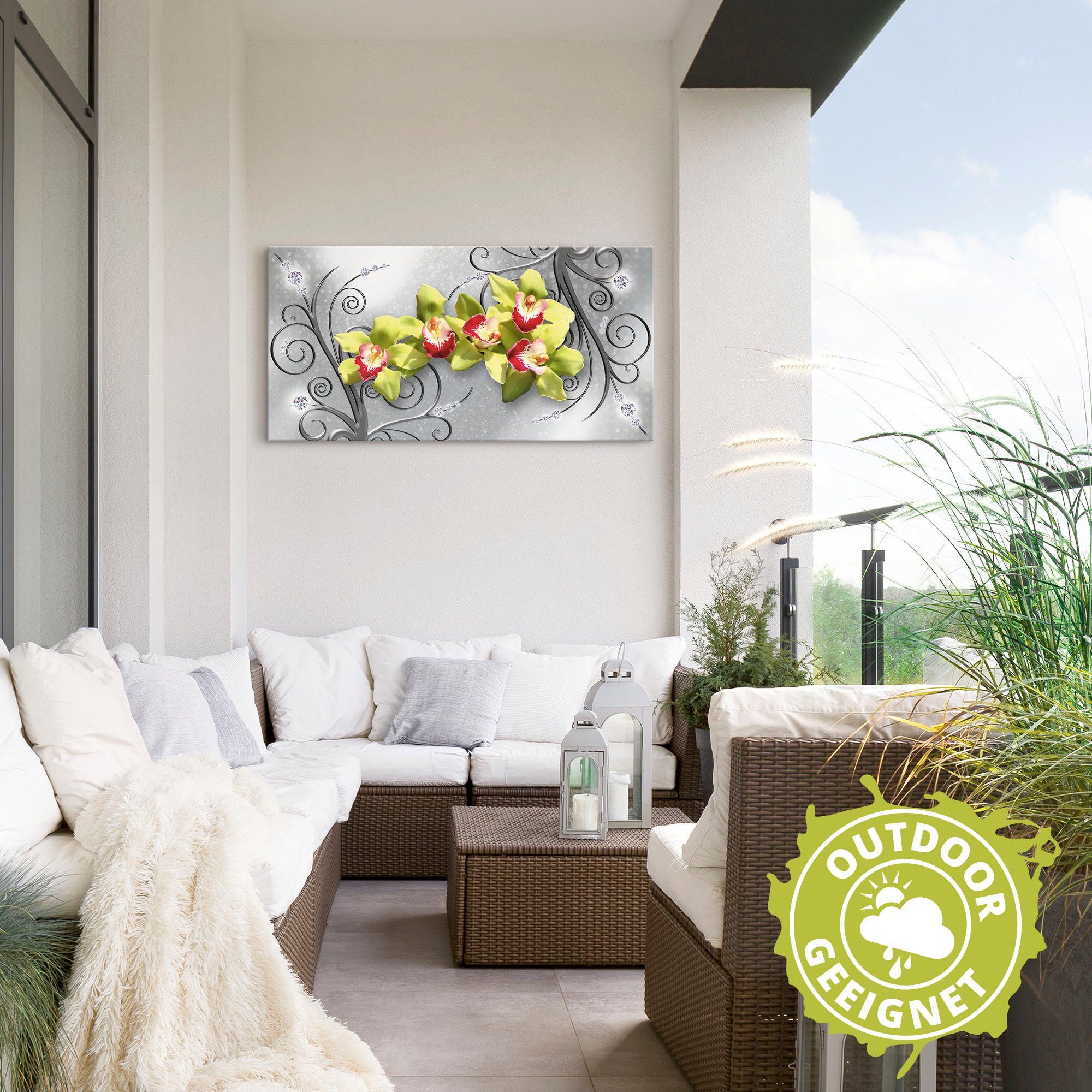 Artland Wandbild »Grüne Orchideen auf Ornamenten«, Blumenbilder (1 Stück), in vielen Größen & Produktarten - Alubild / Outdoorbild für den Außenbereich, Leinwandbild, Poster, Wandaufkleber / Wandtattoo auch für Badezimmer geeignet-HomeTrends
