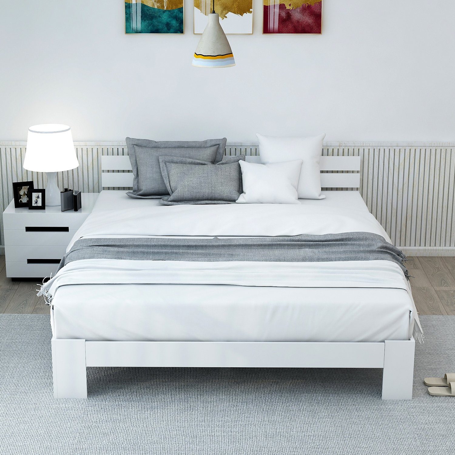 Holzbett (Maasivholzbett Futonbett), Doppelbett mit Kopfteil und Lattenrost, 200x140 cm, aus Kiefer