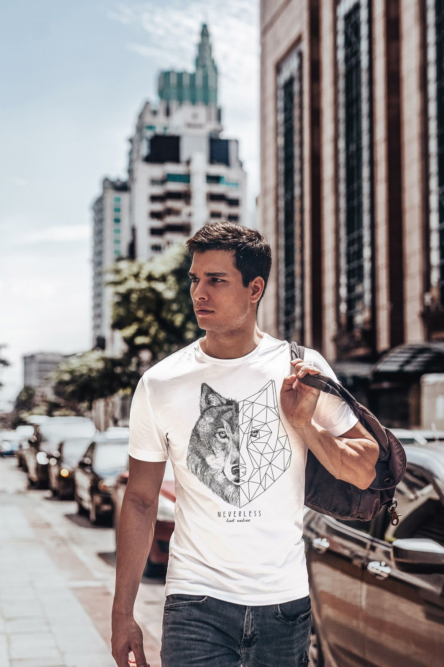 Neverless Print-Shirt Herren T-Shirt Wolf Polygon Kunst Grafik Tiermotiv Printshirt Fashion mit Print