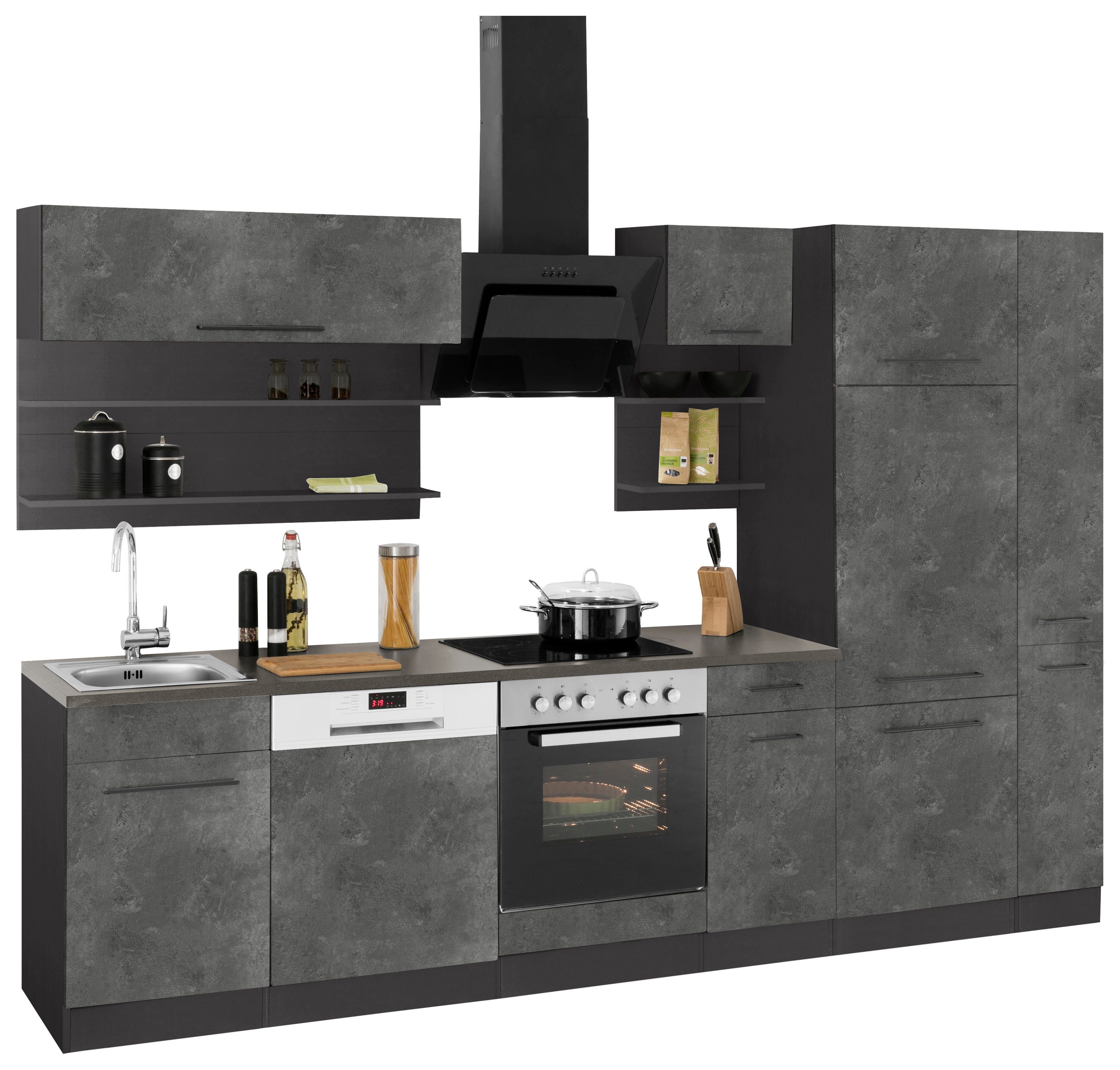 KOCHSTATION Küchenzeile KS-Tulsa, ohne E-Geräte, Breite 300 cm, schwarze Metallgriffe, MDF Fronten