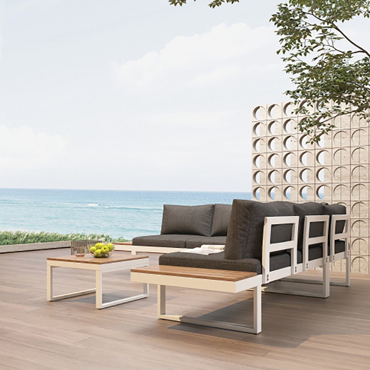 Big-Sofa L-Bank Weiße kleinem mit Tisch Kissen mit Garten-Lounge-Set DOTMALL