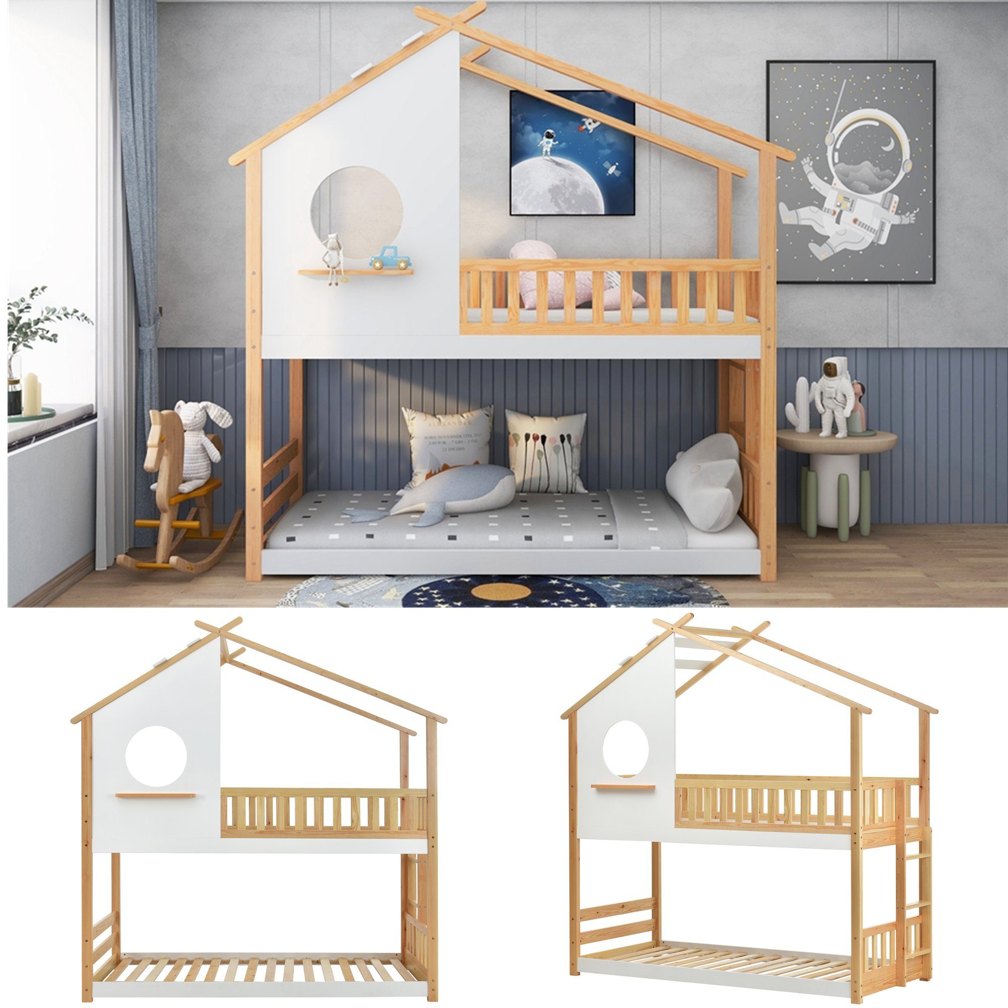 Bett Ohne (mit 90x200cm, Matratze natur Fallschutz SPLOE HAUSS Kinderbett Leiter), mit rechtwinkliger Etagenbett Barriere, Bettrahmen Einzelbett und Hausbett