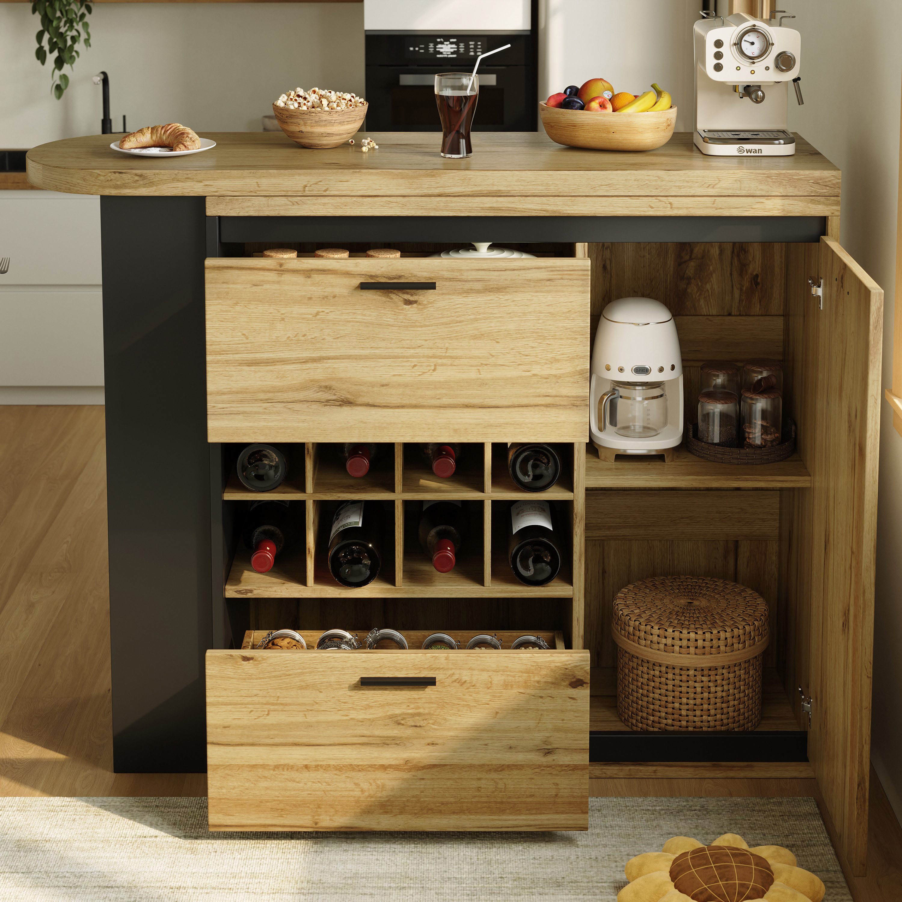 Flieks Bartisch 360° drehbar Esstisch & Mehrzweckschrank mit Weinregal (Set, 2-St., mit verstellbarer Einlegeböden), schwenkbar Tisch mit Ablagen Küchenschrank mit Schubladen Holzoptik