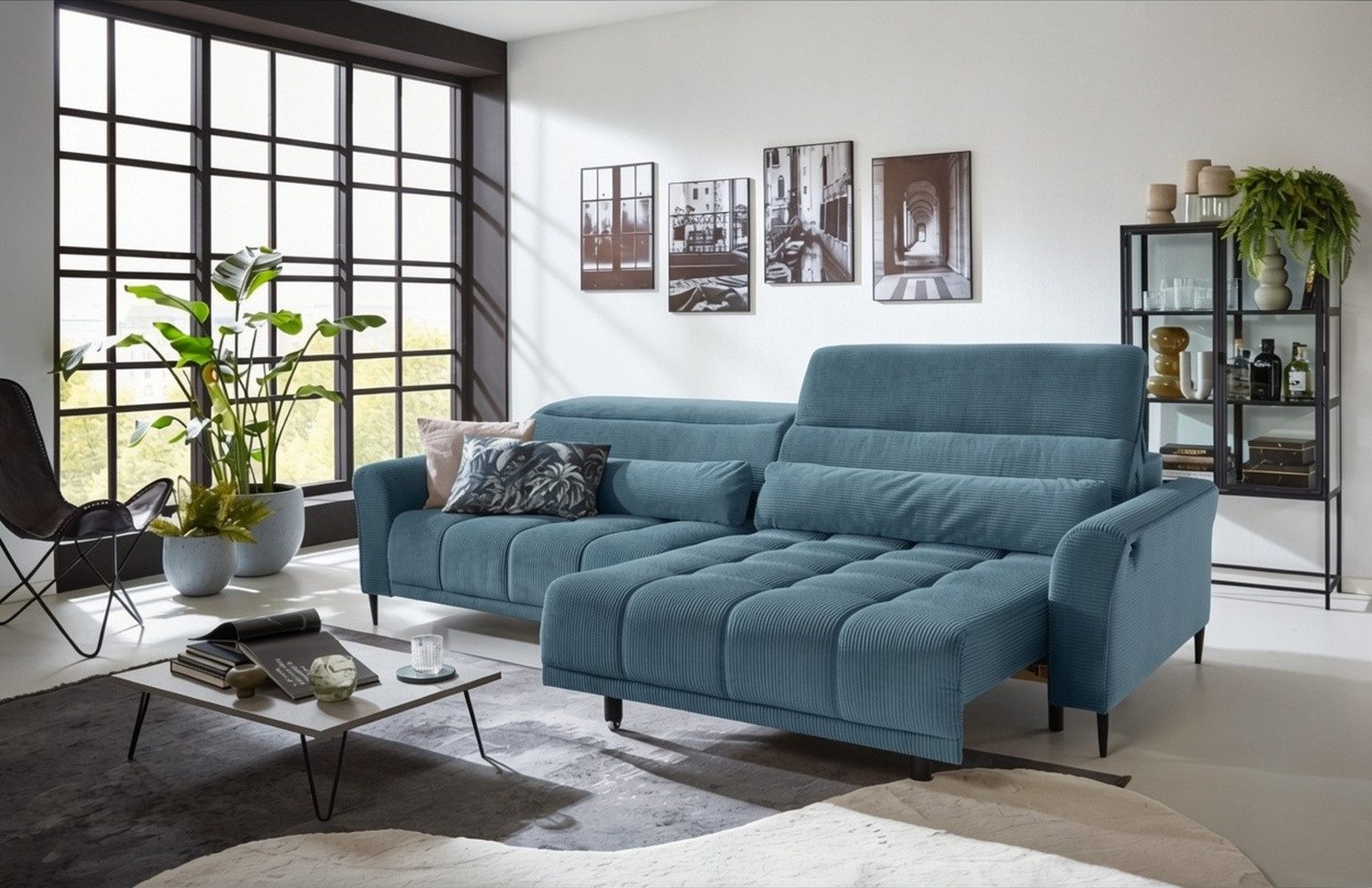 freiraum Big-Sofa Wolve, 2x elektr. Verstellung, Cord blau - 280x108x118cm (BxHxT)
