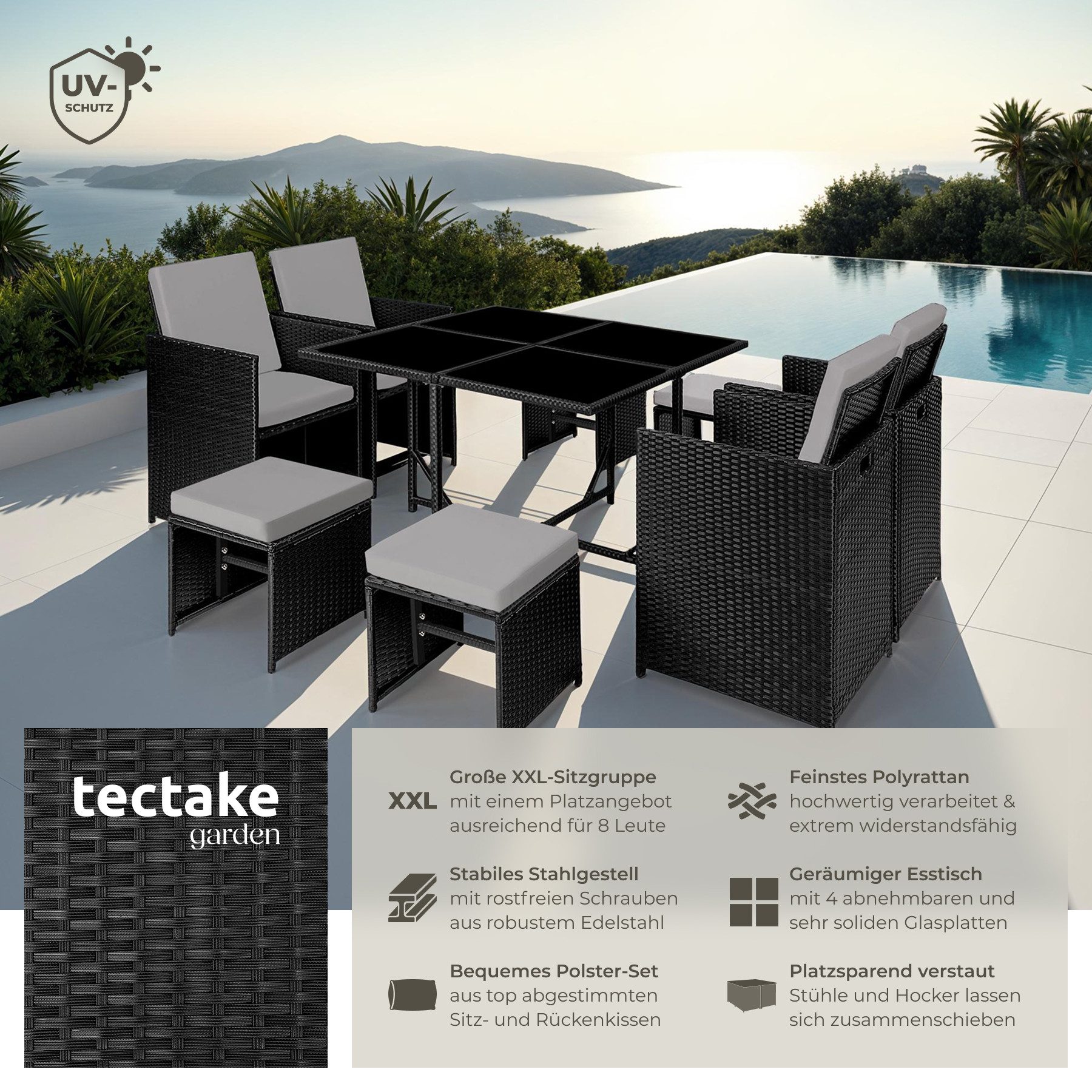 tectake Sitzgruppe Rattan-Gartenlounge für 4 bis 8 Personen, Inkl. Schutzhülle, (Loungeset Bilbao, 9-tlg., für Außen in Schwarz/Grau), widerstandsfähig, UV-beständig, mit Sicherheitsglasplatten