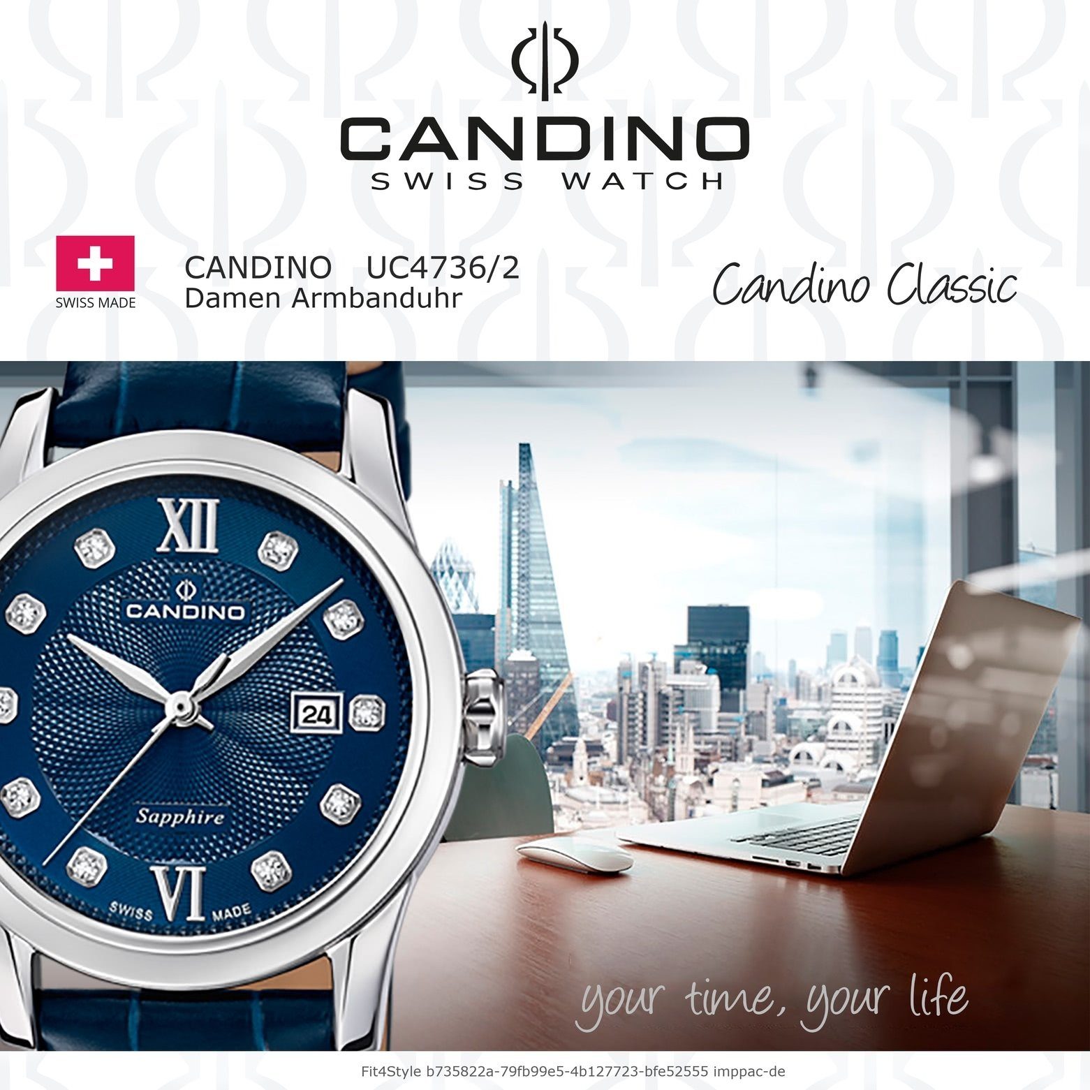 Armbanduhr Candino Damenuhr Damen Edelstahlarmband Quarzuhr Classic, dunkelblau Candino rund,