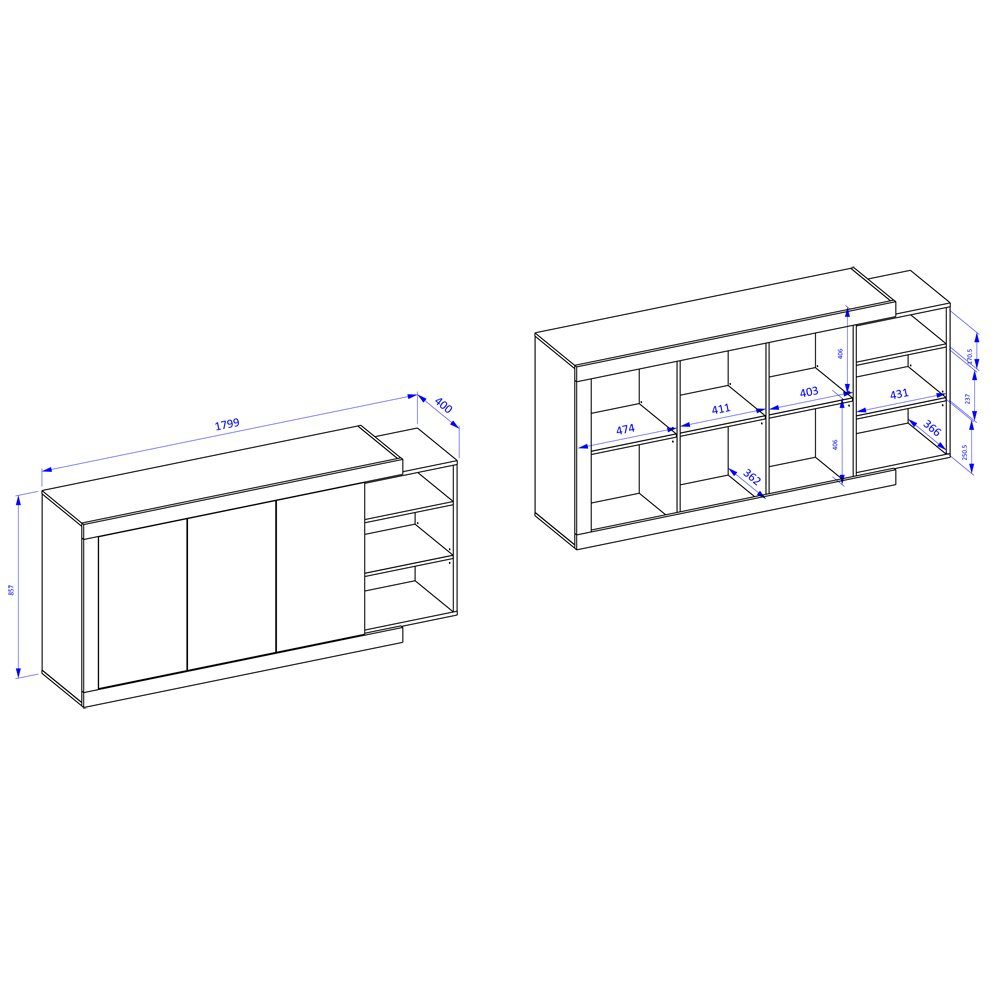 (4-St., Samdal inkl. SYLT-83, Hochglanz Lomadox Wohnwand Eiche 4-tlg), Sideboard mit weiß Absetzungen Nb. in