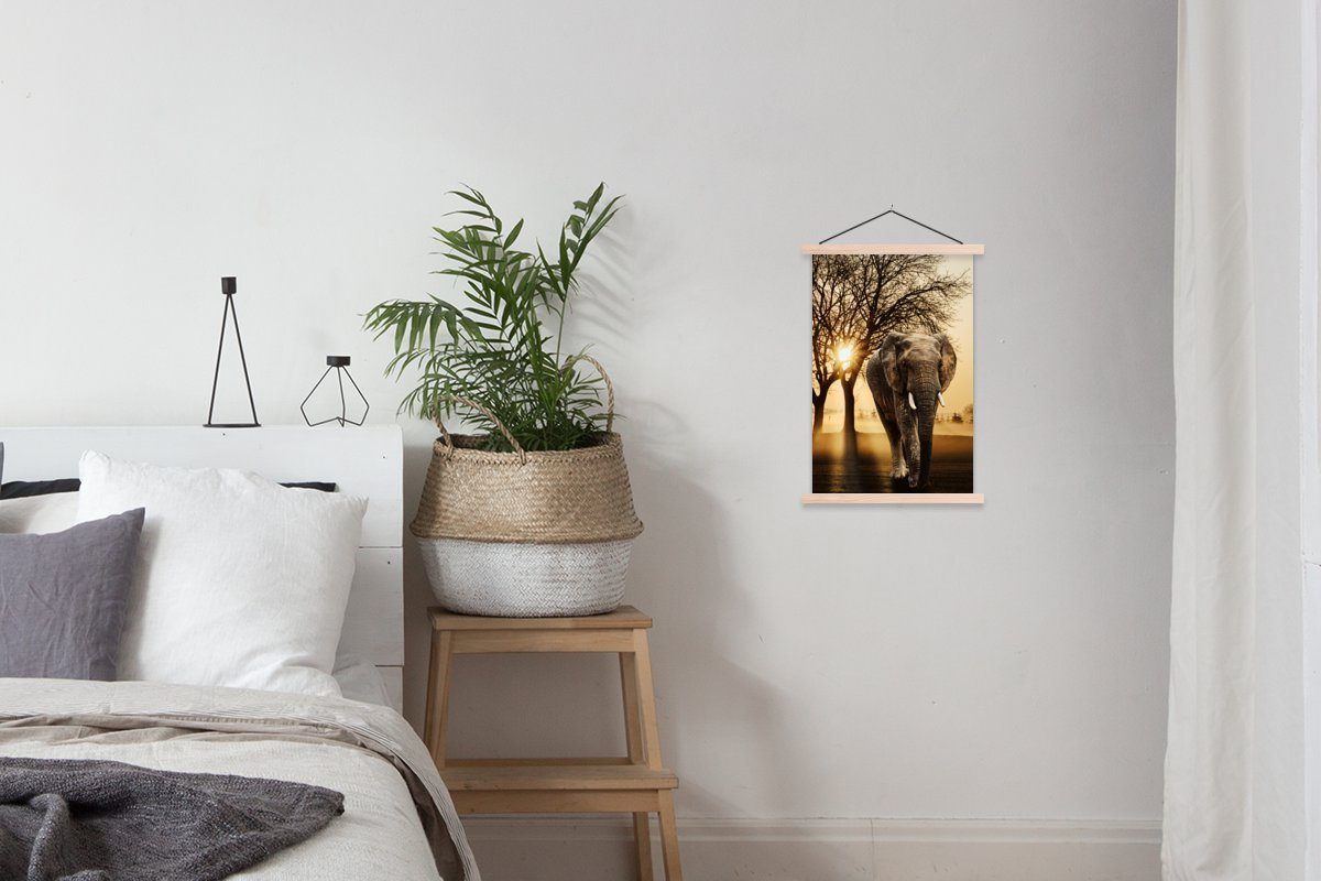 Poster Magnetisch Bilderleiste, (1 Elefant - St), Textilposter Sonne, Wohnzimmer, Baum - für Posterleiste, MuchoWow