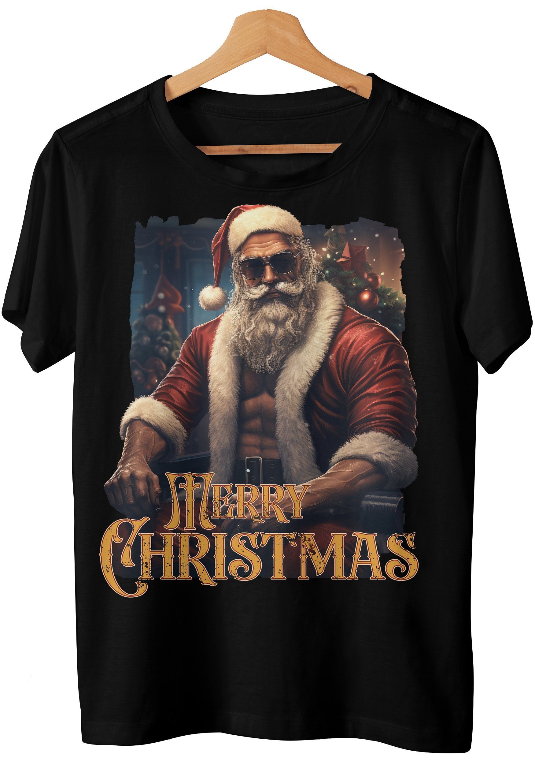 Art & Detail Shirt T-Shirt Weihnachten Design Merry Christmas Strong Man Santa Weihnachtsmütze Geschenk, Weihnachten Schwarz