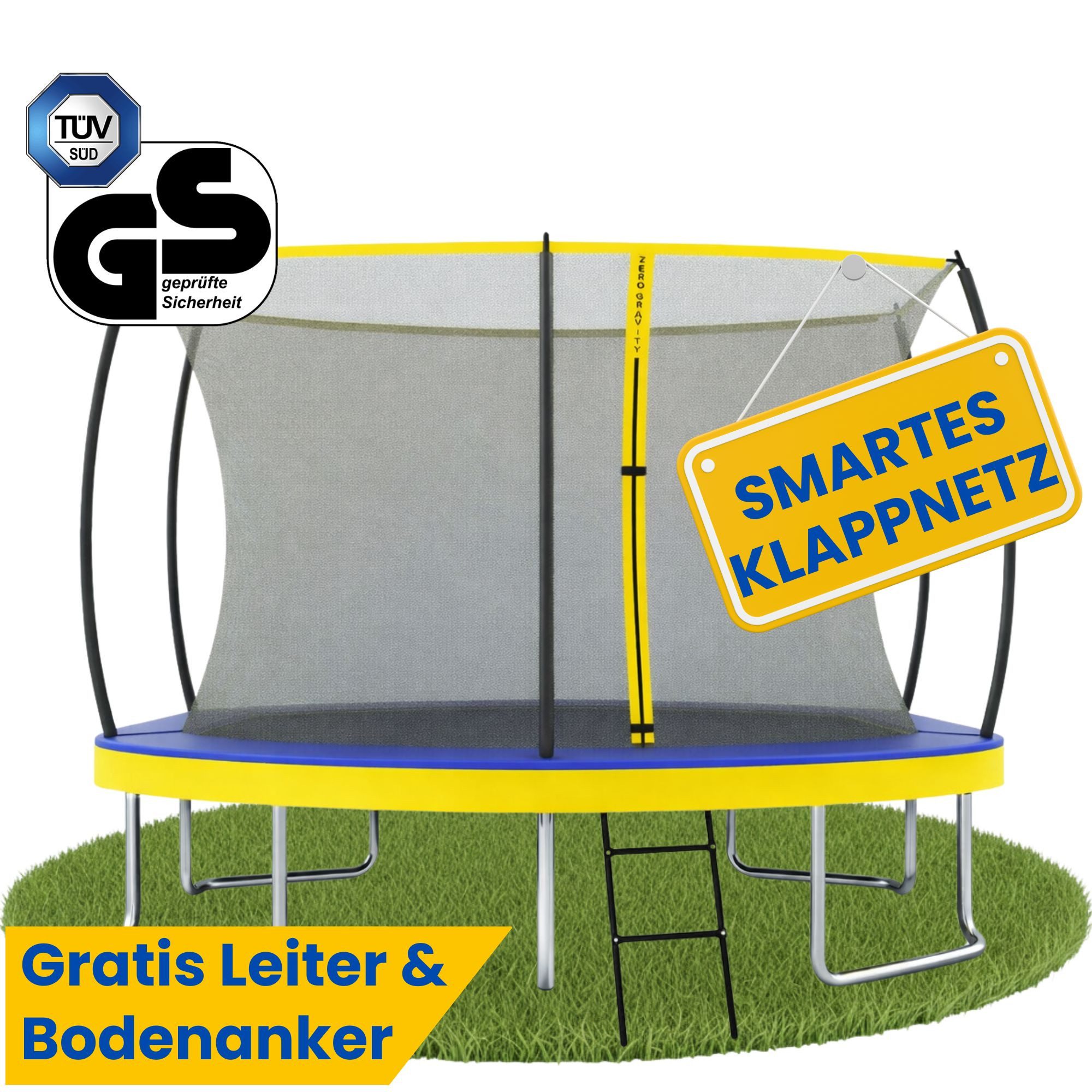 Zero Gravity Gartentrampolin 305x213/366x244/457x366 cm, Ovales Trampolin inkl. Leiter, Ø 366 cm, Trampolin Outdoor Komplett-Set, TÜV GS, Smarter & schneller Netzabbau
