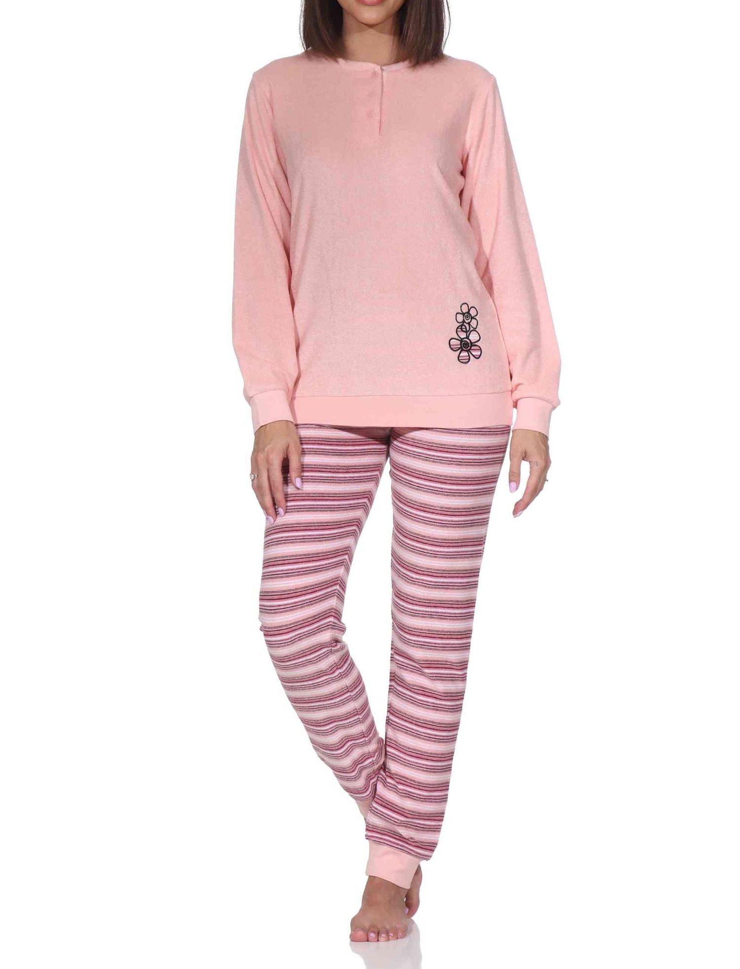 Normann Pyjama Normann Damen Frottee Schlafanzug langarm mit Bündchen Hose gestreift