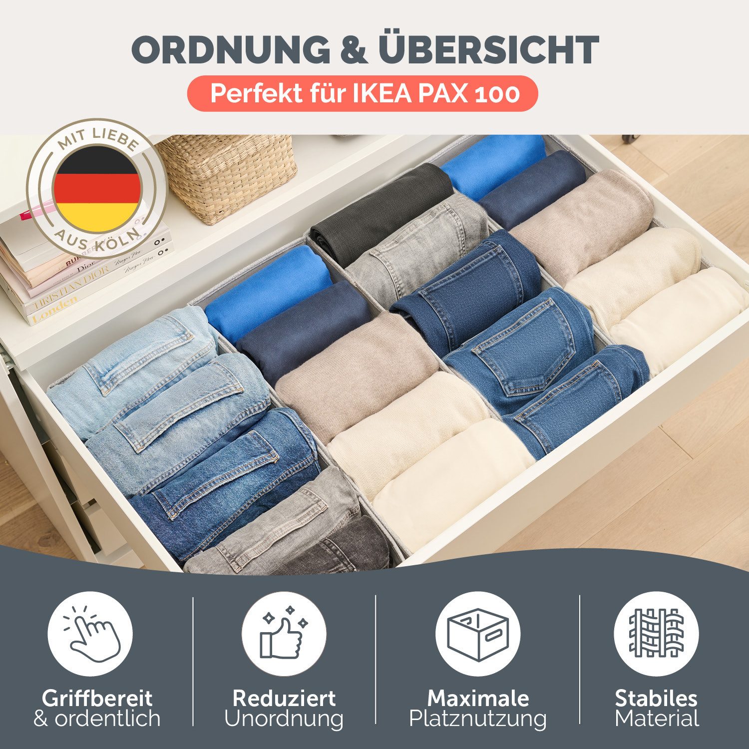 Blumtal Faltbox Kompatibel HEMNES, MALM, PAX Organizer Ordnungssystem Kleiderschrank (4 St), Faltboxen für BHs, T-Shirts - Boxen für Schrank