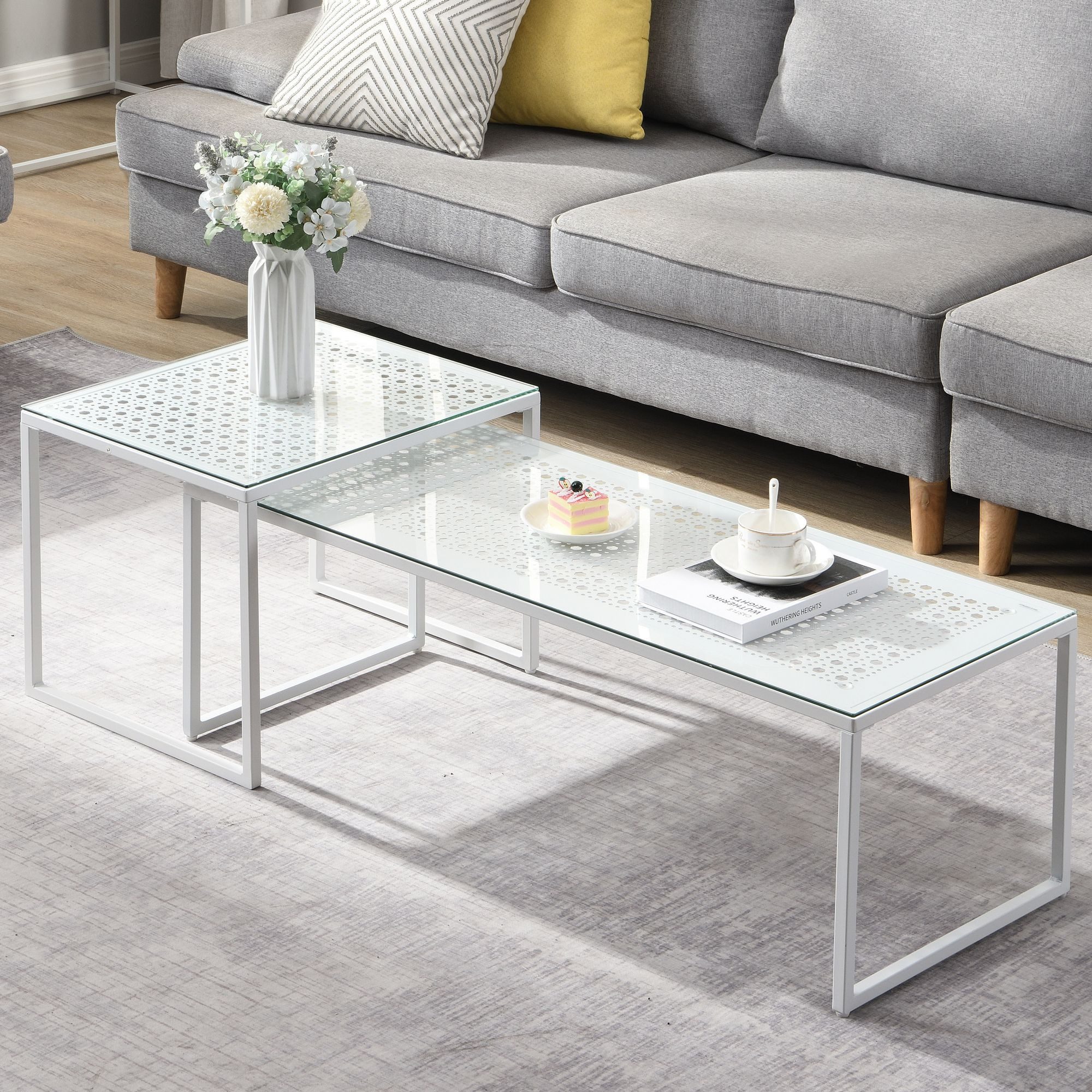 FINEBUY Satztisch FB72749 2er Set Glasplatte Metallgestell Couchtisch Sofatisch Modern (Couchtisch 2er Set Glas Metall Platzsparend Weiß), Wohnzimmertisch Modern, Sofatisch 2-teilig