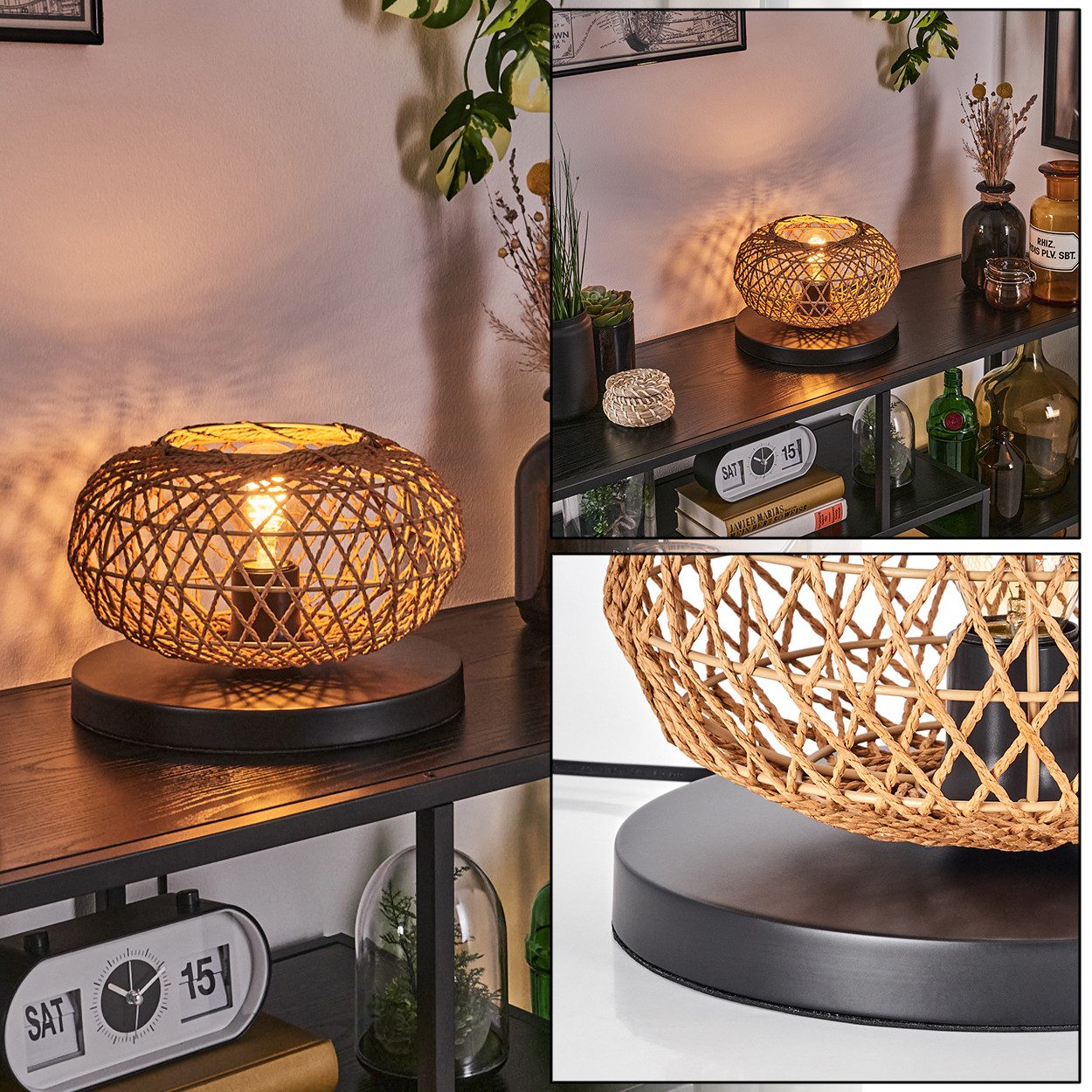 hofstein Tischleuchte moderne Boho Tischlampe aus Metall/Rattan in Schwarz/Natur, ohne Leuchtmittel, Gitterschirm Leuchte, Schalter am Kabel, 1 x E27, ohne Leuchtmittel