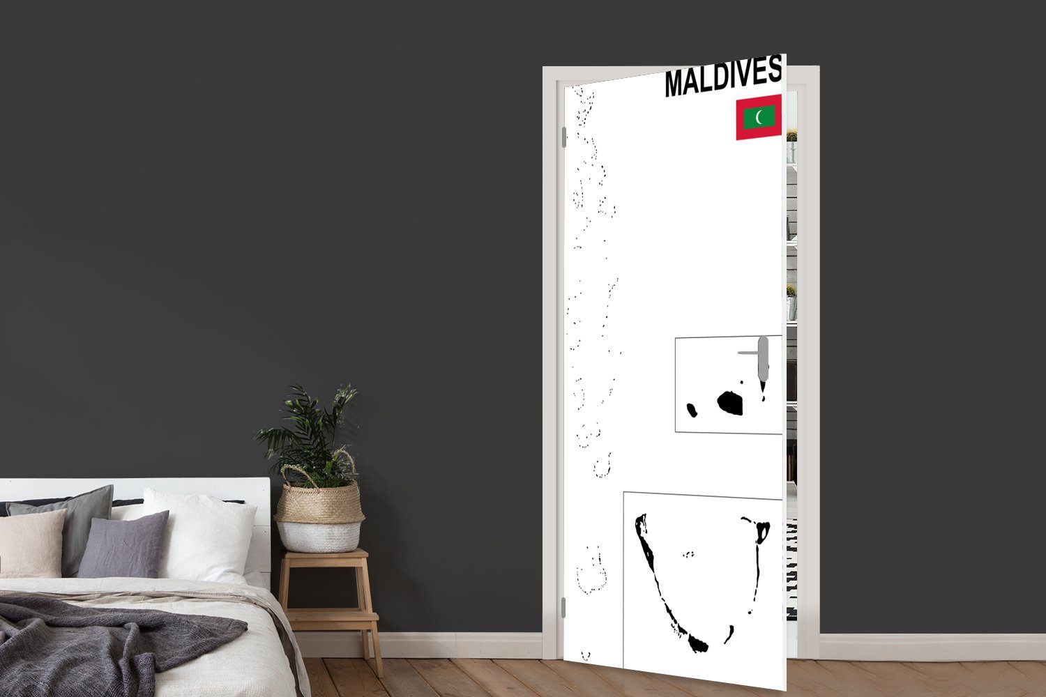 MuchoWow Malediven, cm (1 Illustration für Matt, St), Eine Fototapete der Tür, schwarzen Türtapete bedruckt, einer 75x205 Türaufkleber, Karte