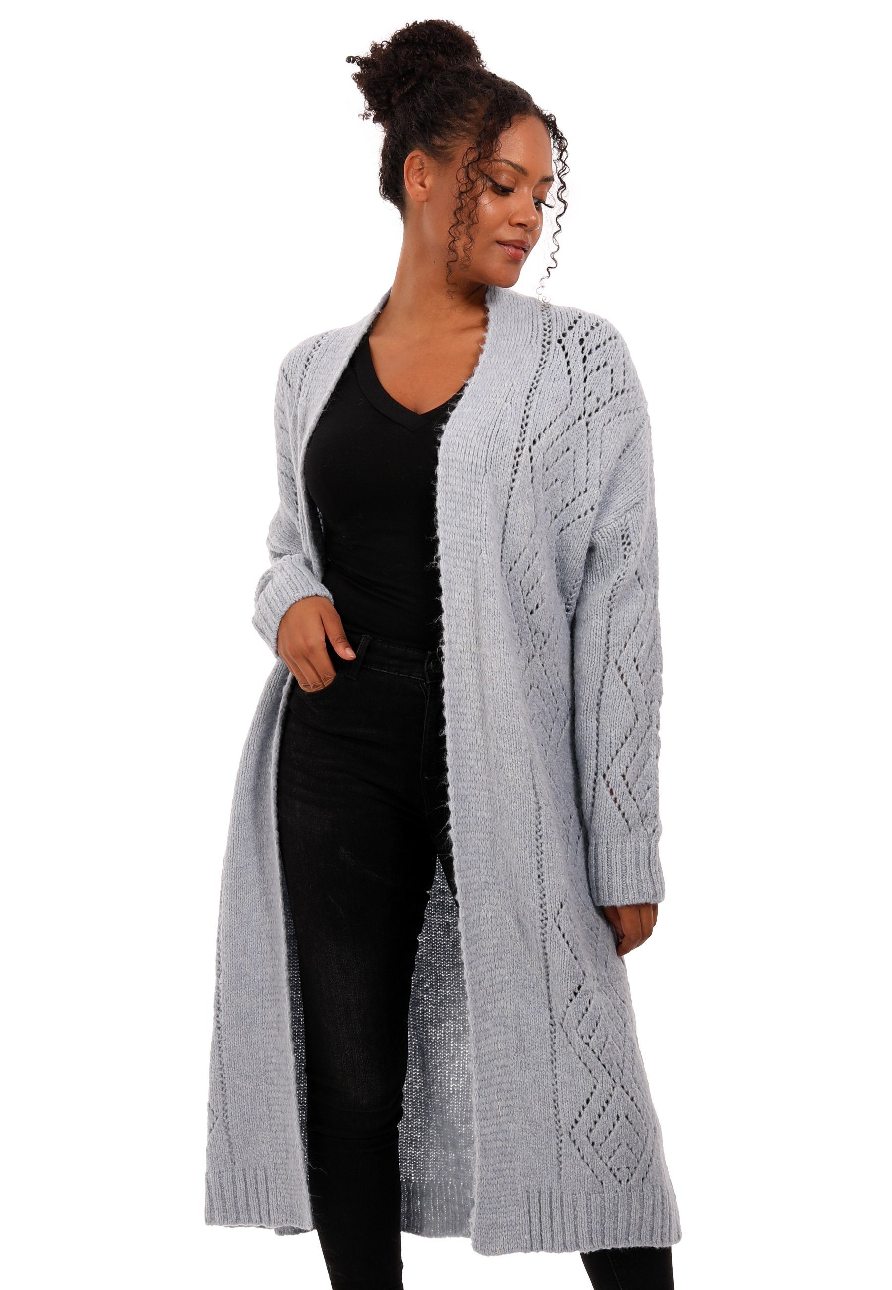 Lochstrick Size mit One in Strickjacke Muster Fashion Unifarbe Style graublau & Longstrickjacke (1-tlg) YC