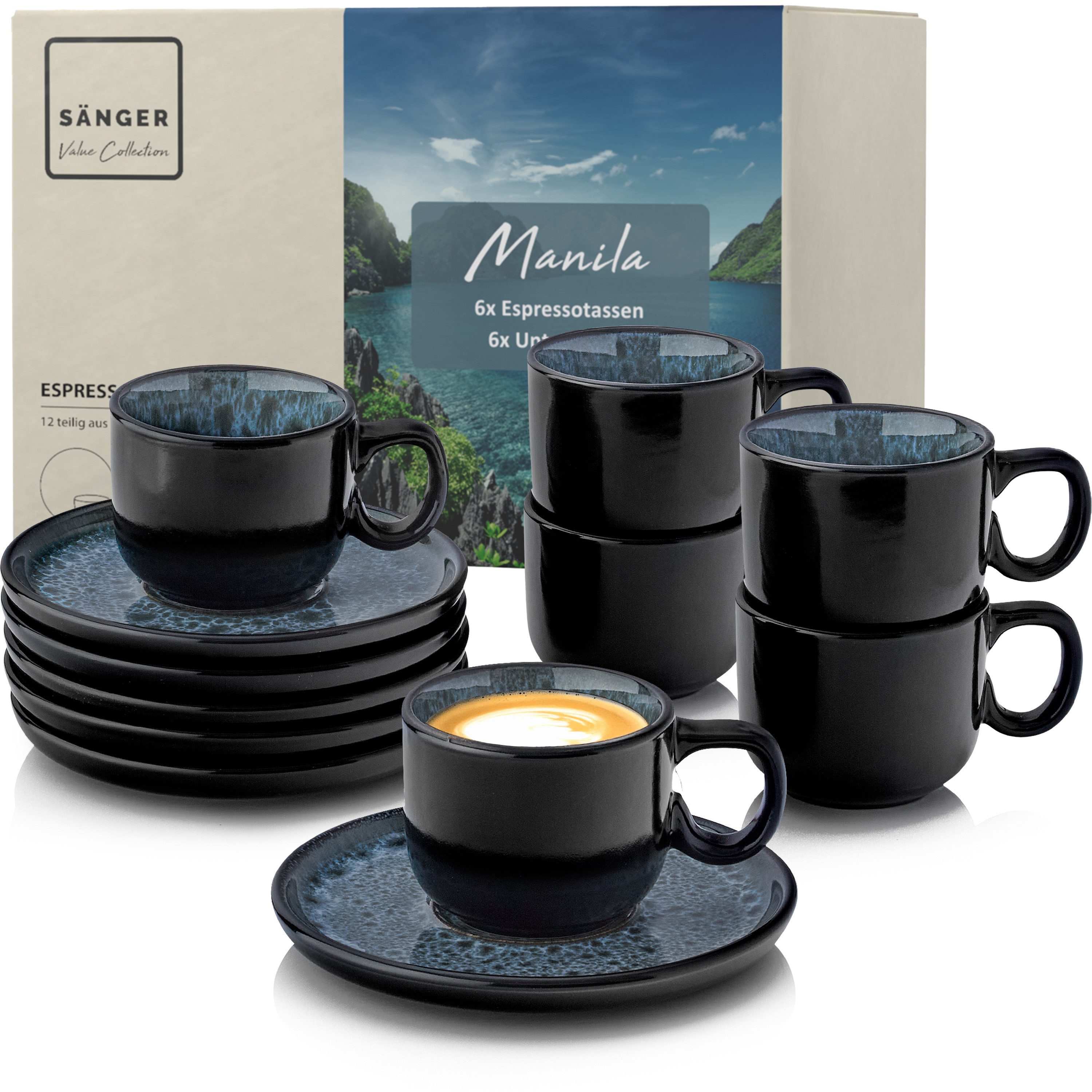 SÄNGER Espressotasse Set Manila 12 tlg., 12-tlg., Steingut, Blau-Schwarz, 80 ml, Erweiterbar, Handmade, VALUE COLLECTION