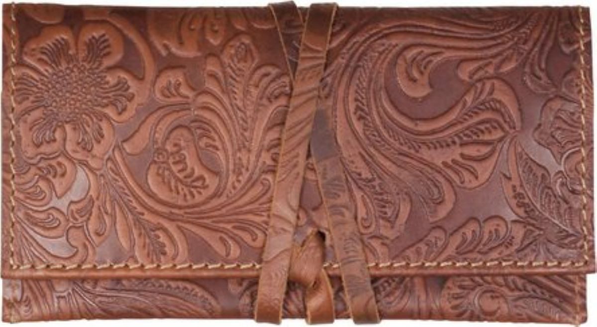meytrade Tabakbeutel Tabaktasche, Drehertasche aus Leder mit Blumenmotiv braun, mit extra Platz für Blättchen und Tabak