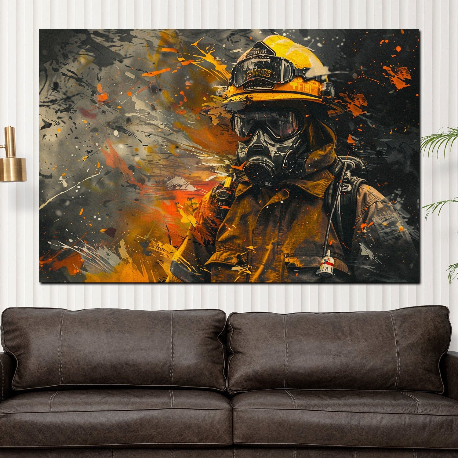 Artedinoi Leinwandbild Feuerwehrmann Gelb Atemschutz Street Art Leinwandbild Wandbild Kunstdr, Feuerwehrmann in Gelb, abstrakt