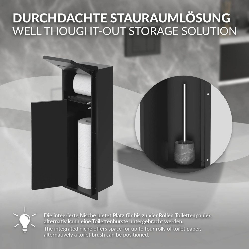 LuxeBath Toilettenpapierhalter Unterputz-Schrankmodul Edelstahl für Klobürstengarnitur befliesbar, Schwarz 60x20x14cm Badezimmerschrank für Toilettenbürste WC W – Bild 4 von 5