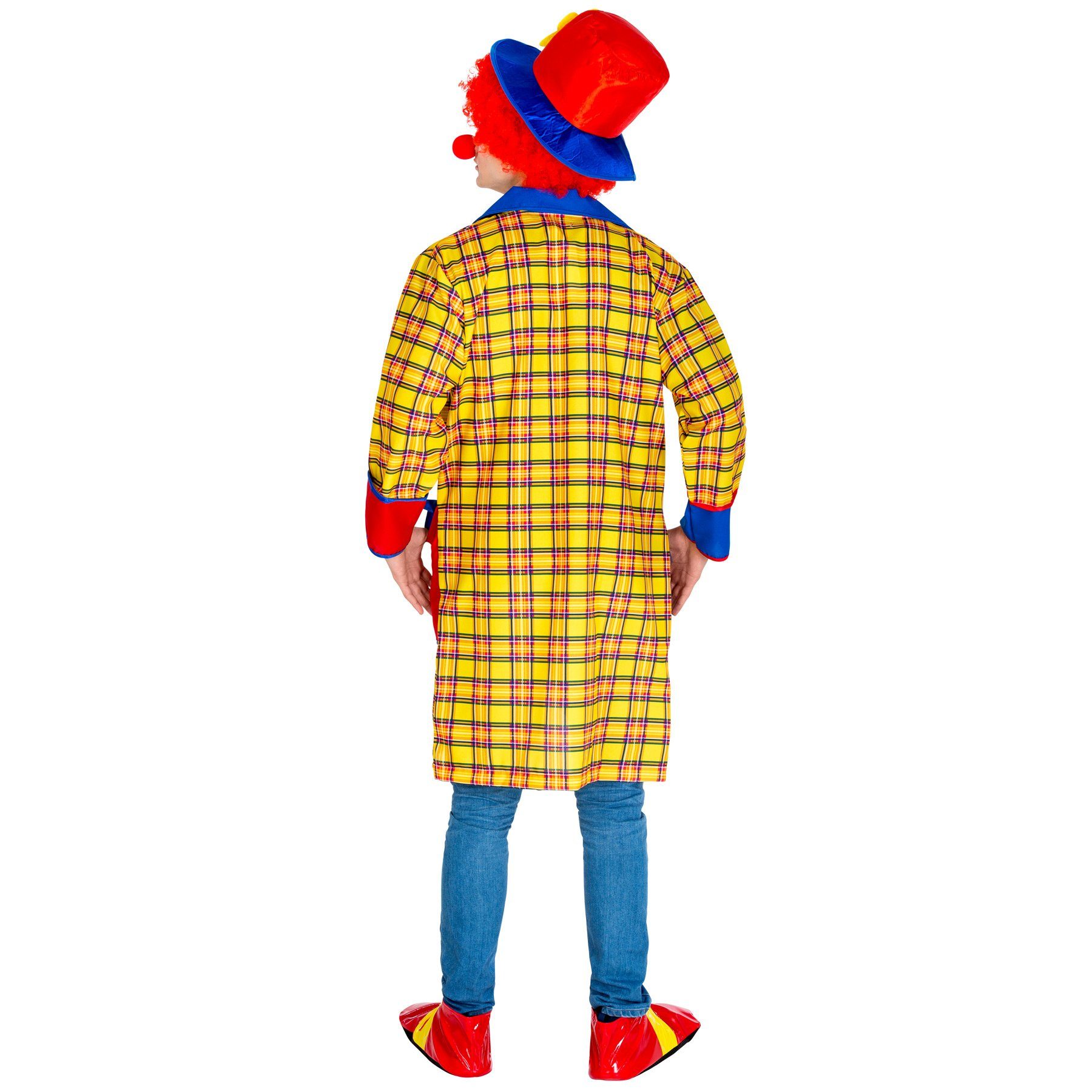dressforfun Clown-Kostüm Spaßvogel/Komiker, in gelb, Gr. XXL, Clown-Nase, Clown-Schnürschuhe, Polyester-Mantel, Knopf vorn, Jackettkragen, 2 Taschen, Farbsäume